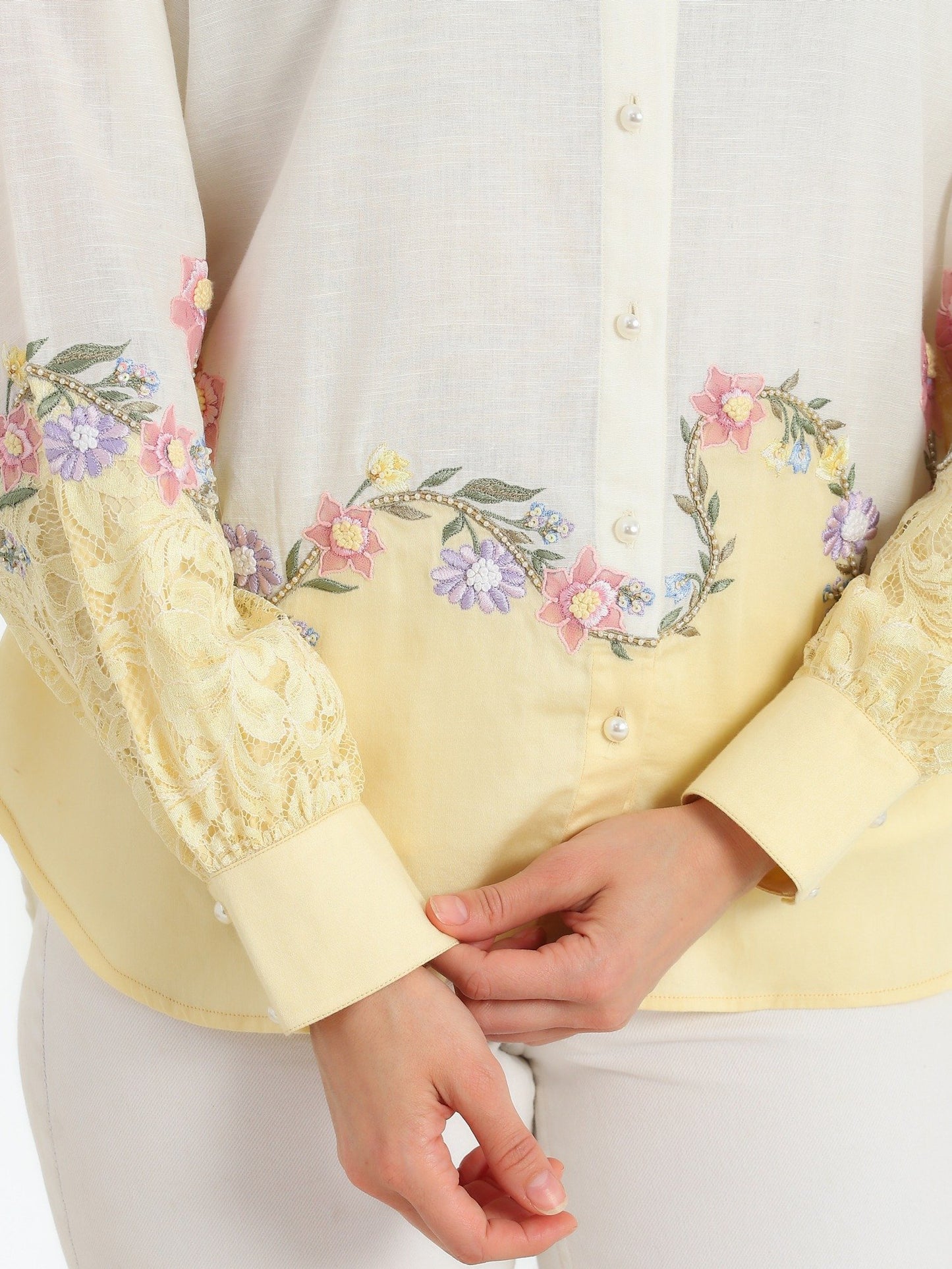 Sunlit Yellow Garden Embroidered French lace Silk Linen Shirt