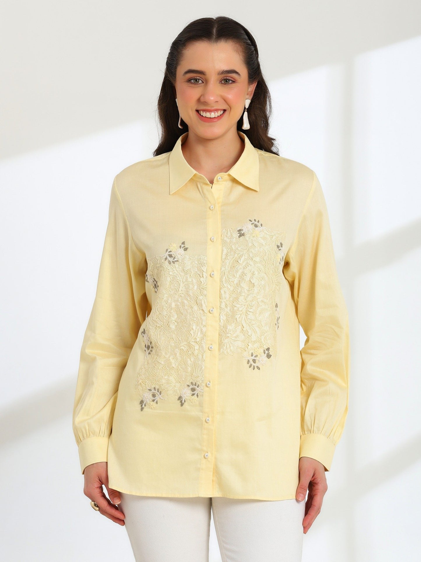Butter Yellow Bloom Hand Embroidered French lace Cotton Shirt