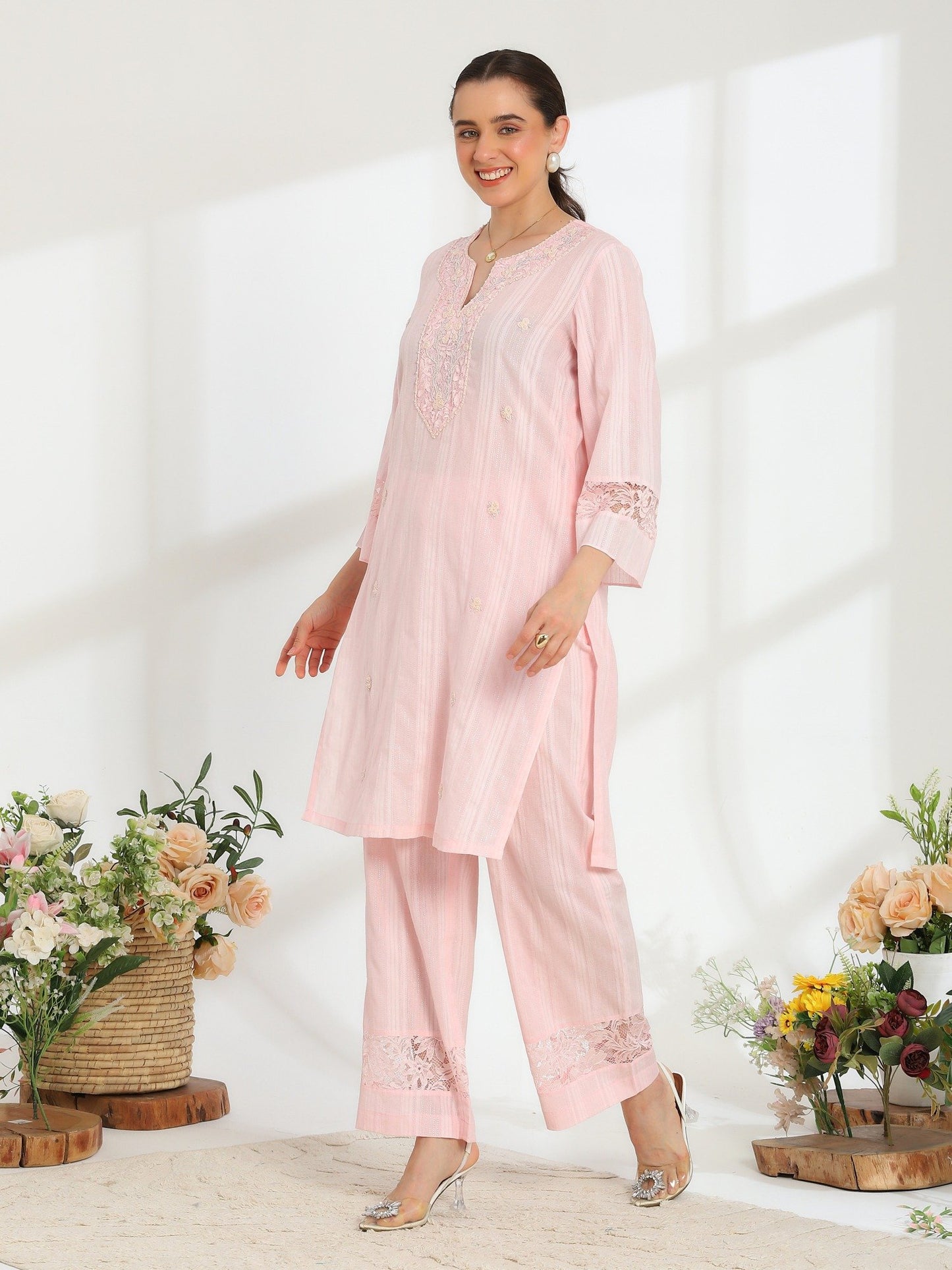 Silvaire Rose Hand Embroidered French Lace  Cotton Lurex Kurta Set