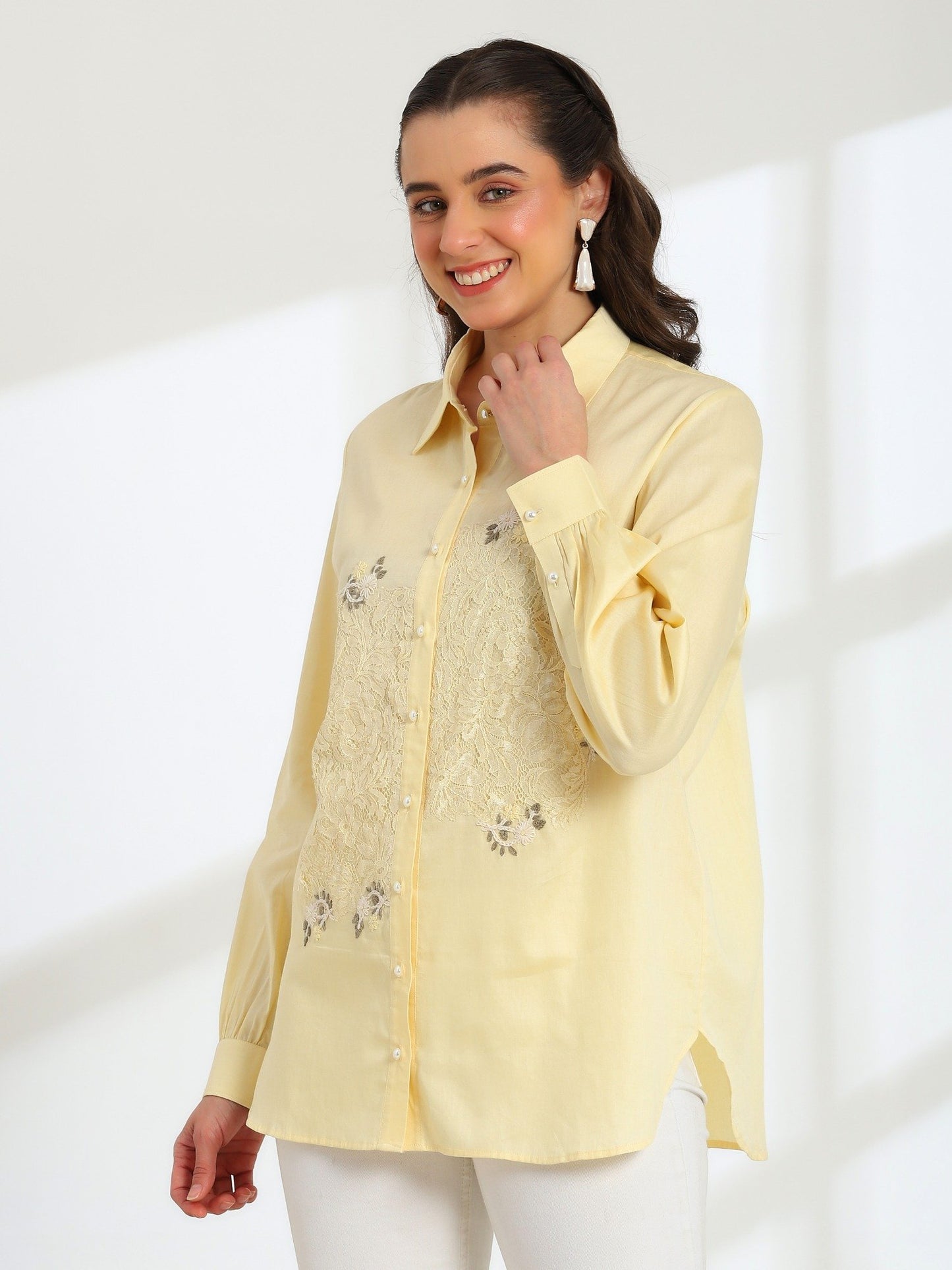 Butter Yellow Bloom Hand Embroidered French lace Cotton Shirt