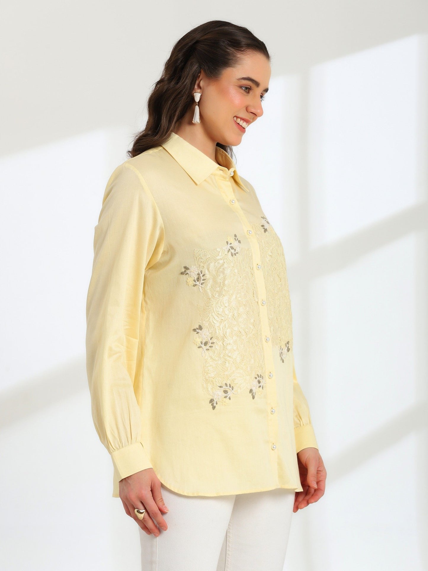 Butter Yellow Bloom Hand Embroidered French lace Cotton Shirt