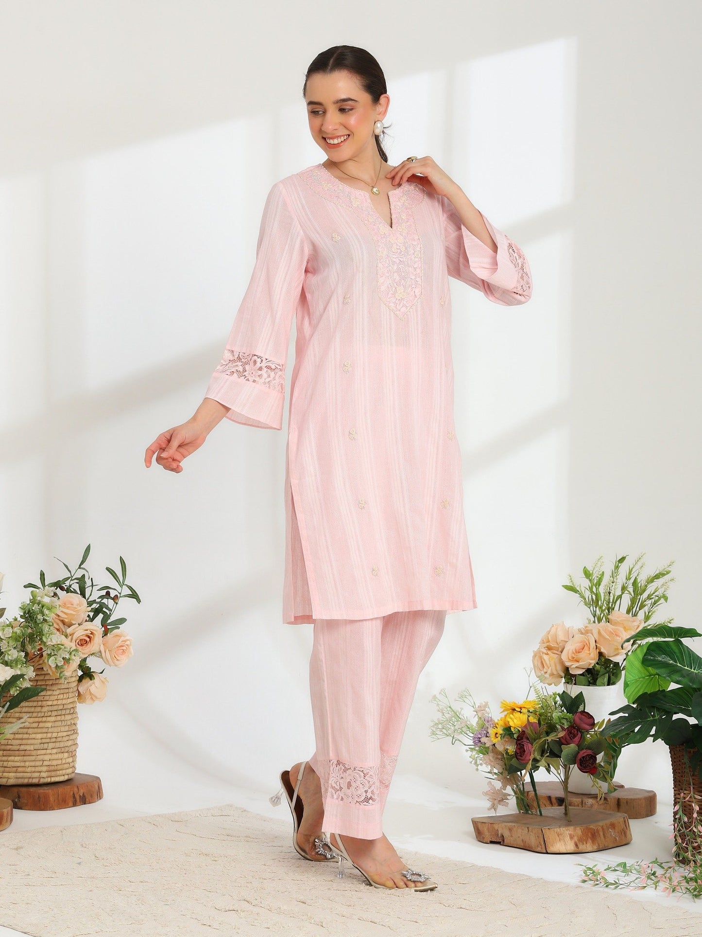 Silvaire Rose Hand Embroidered French Lace  Cotton Lurex Kurta Set