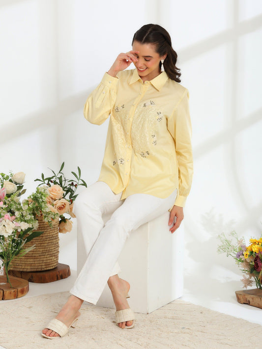 Butter Yellow Bloom Hand Embroidered French lace Cotton Shirt