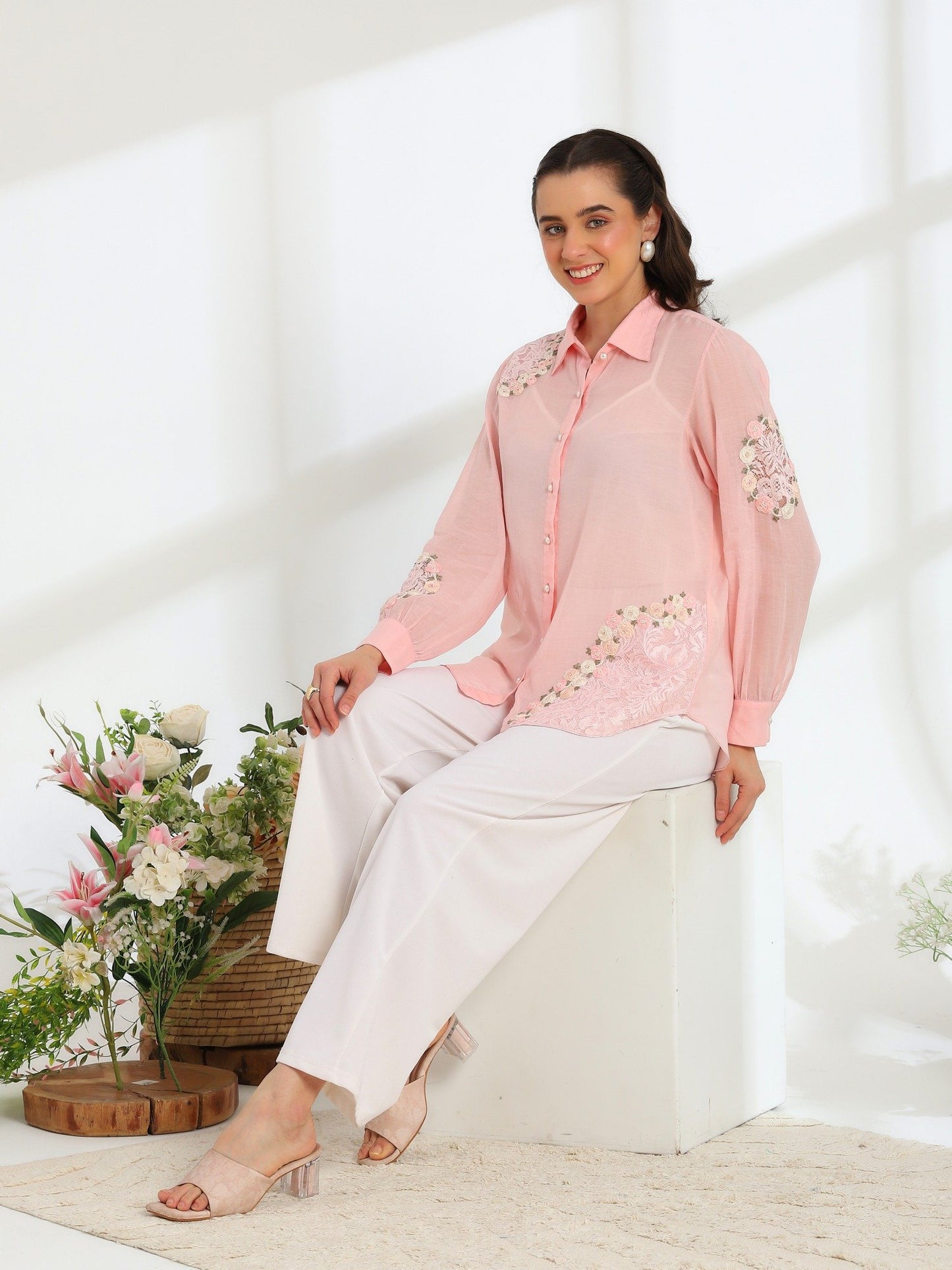 Pink Rose Garden Hand Embroidered French lace Mul Shirt