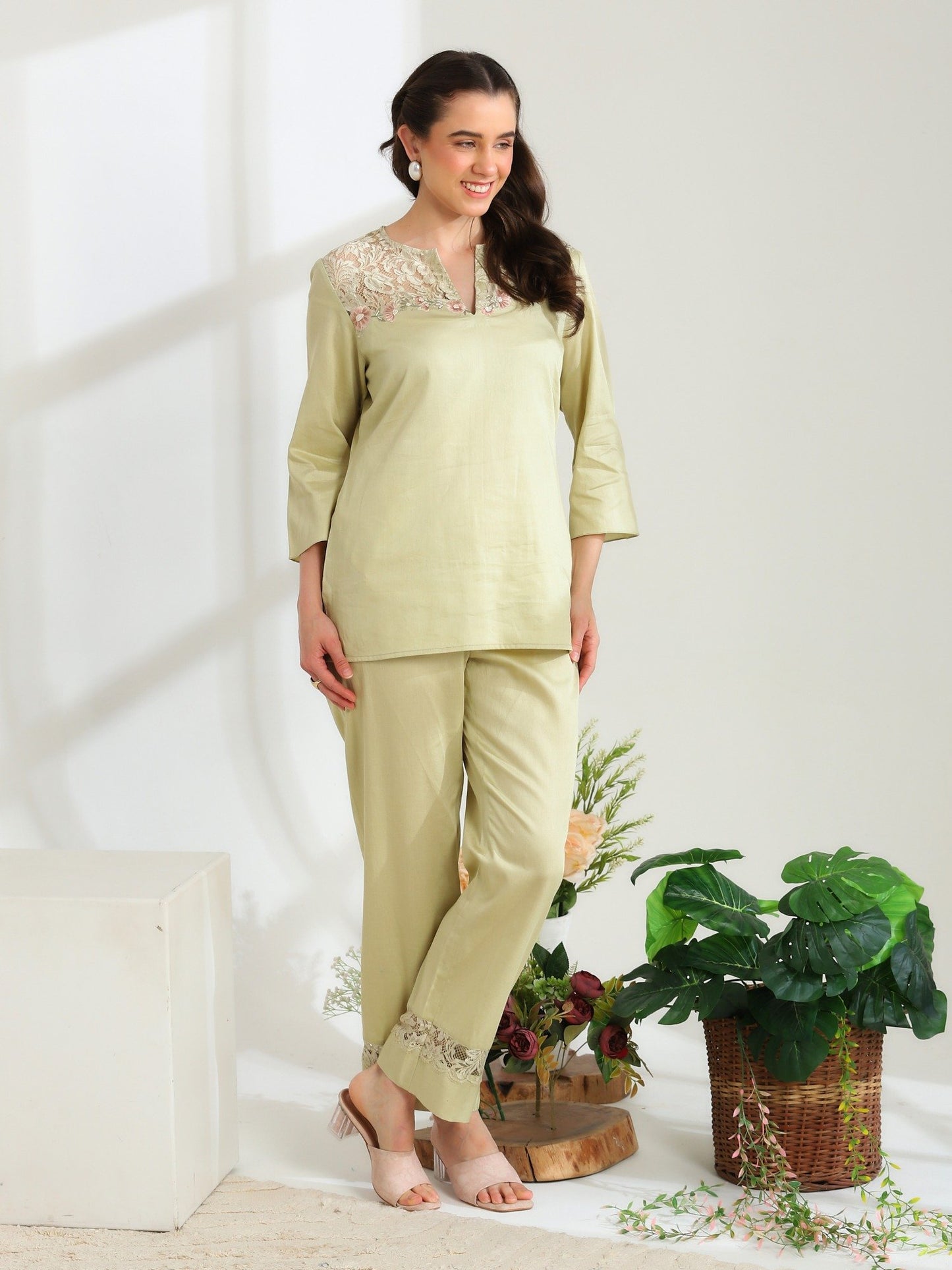 Jade Blossom Embroidered French Lace Cotton  Co-ord Set