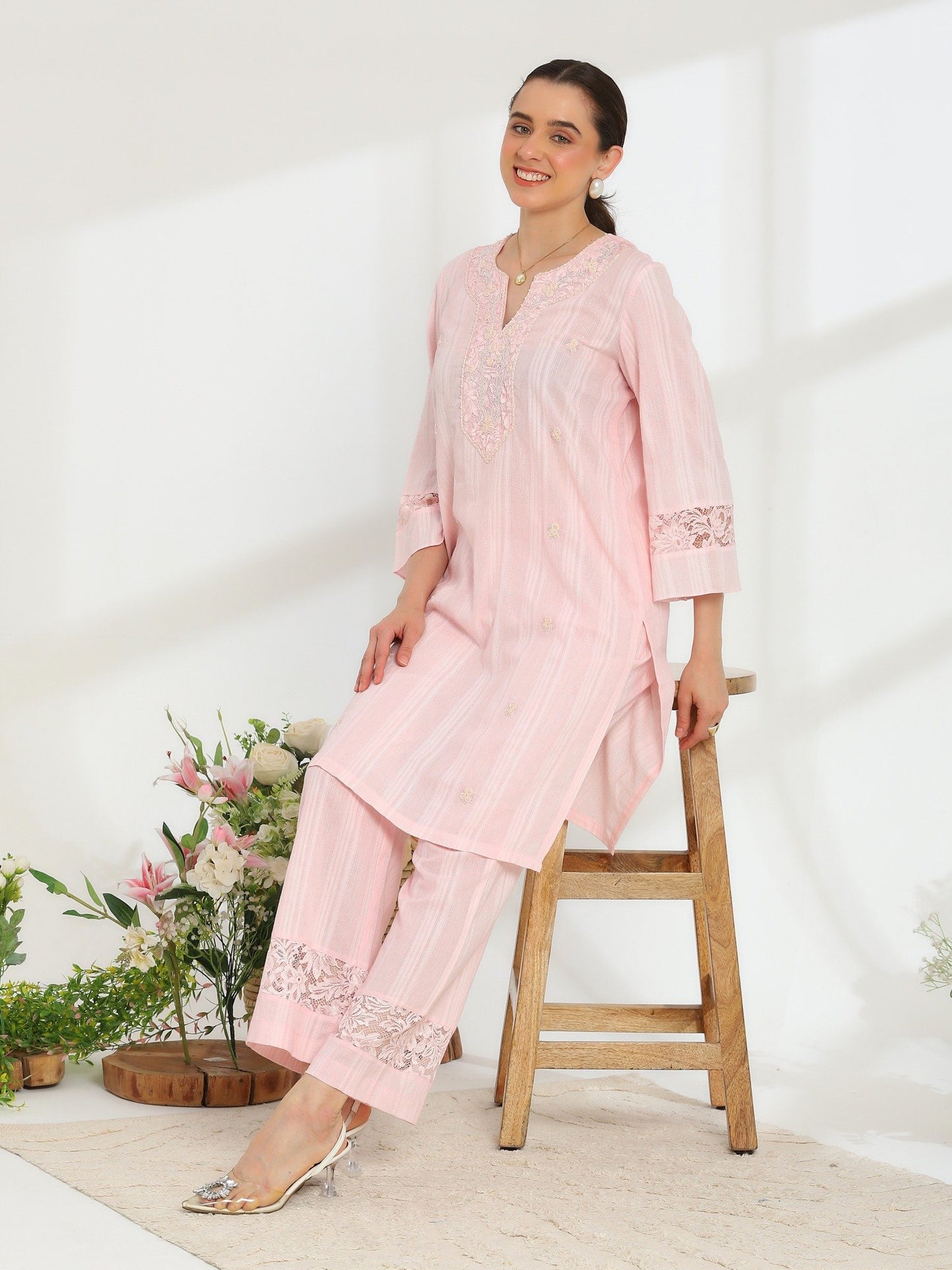 Silvaire Rose Hand Embroidered French Lace  Cotton Lurex Kurta Set