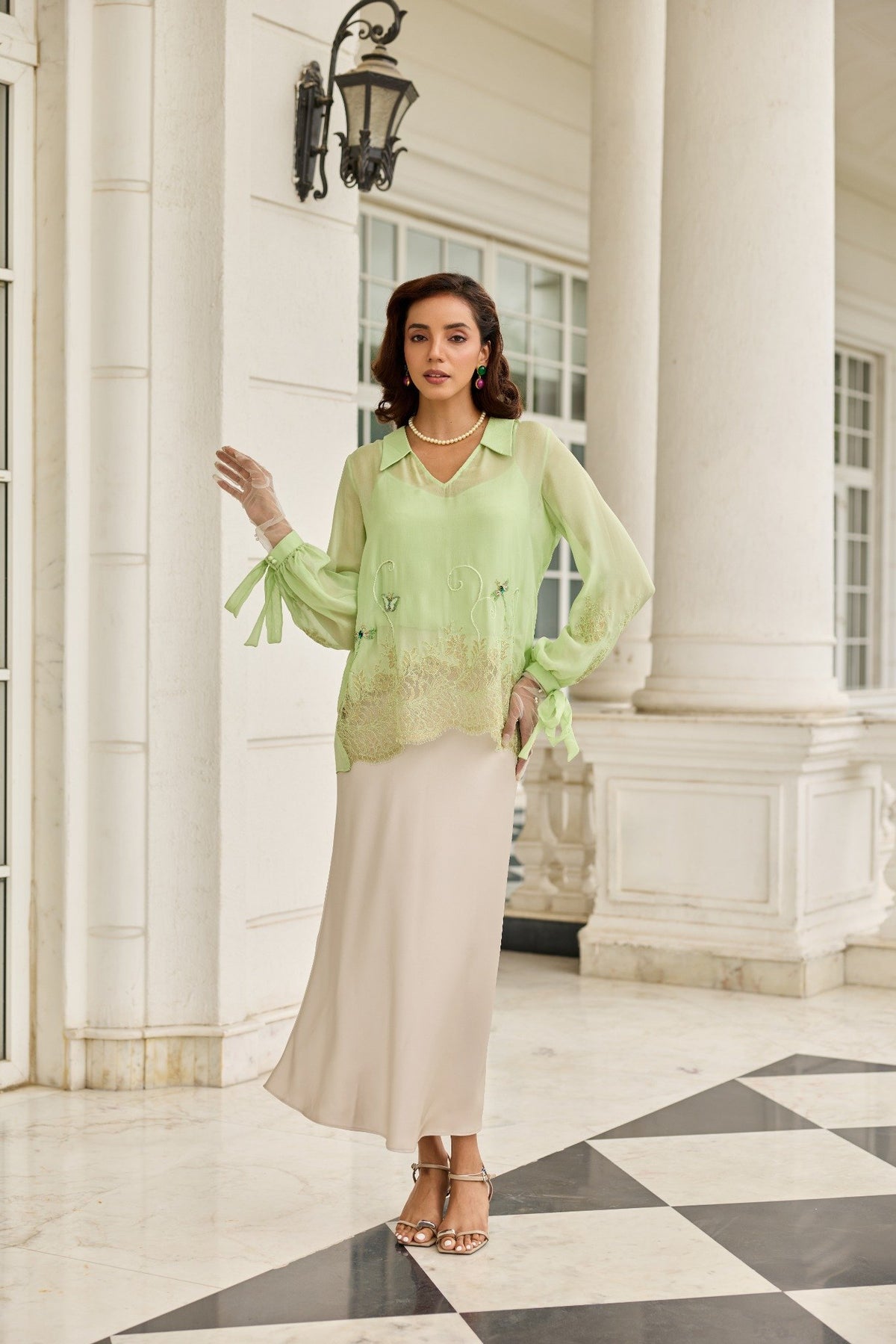 Dragonfly Hand Embroidered French Lace Flat Chiffon Top