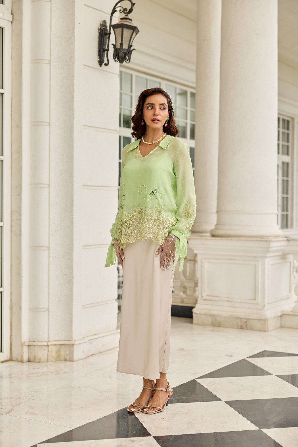 Dragonfly Hand Embroidered French Lace Flat Chiffon Top