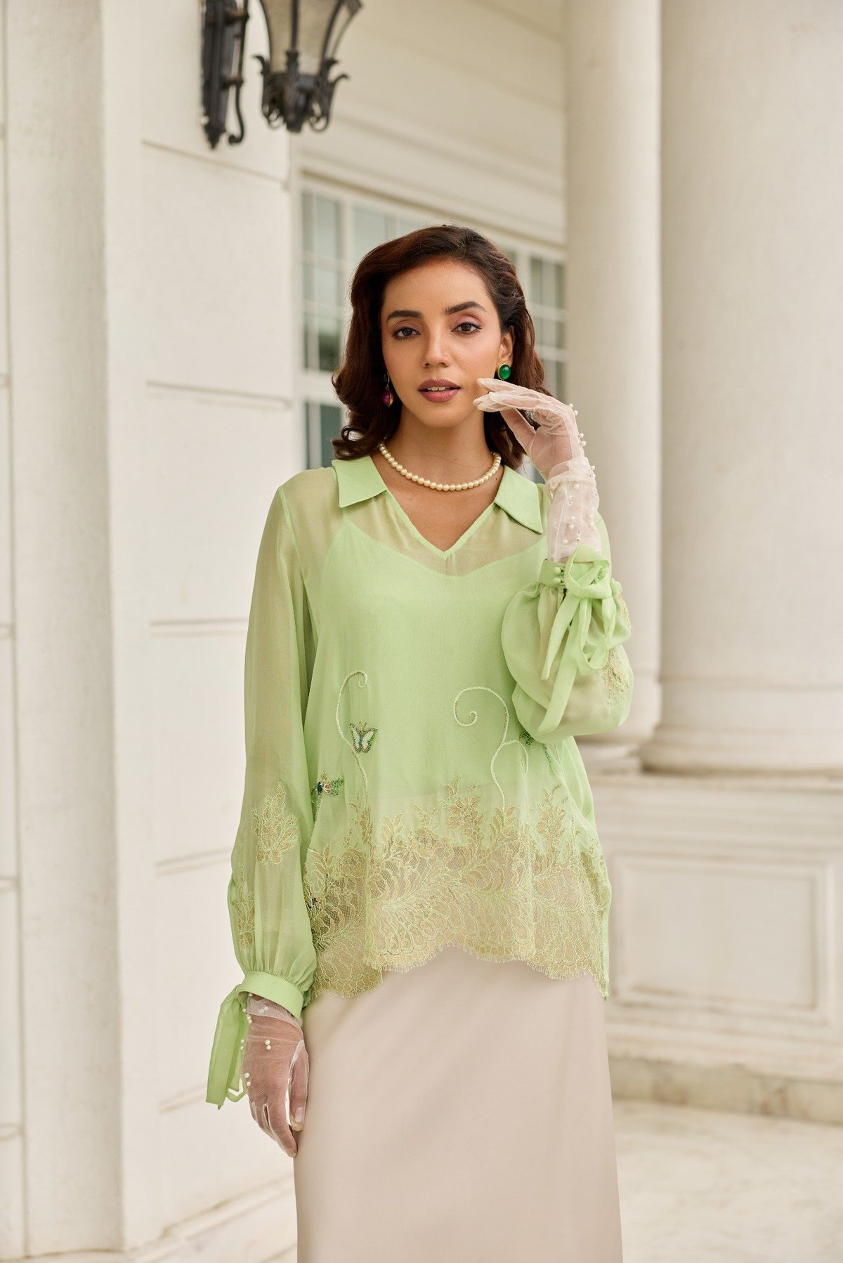 Dragonfly Hand Embroidered French Lace Flat Chiffon Top