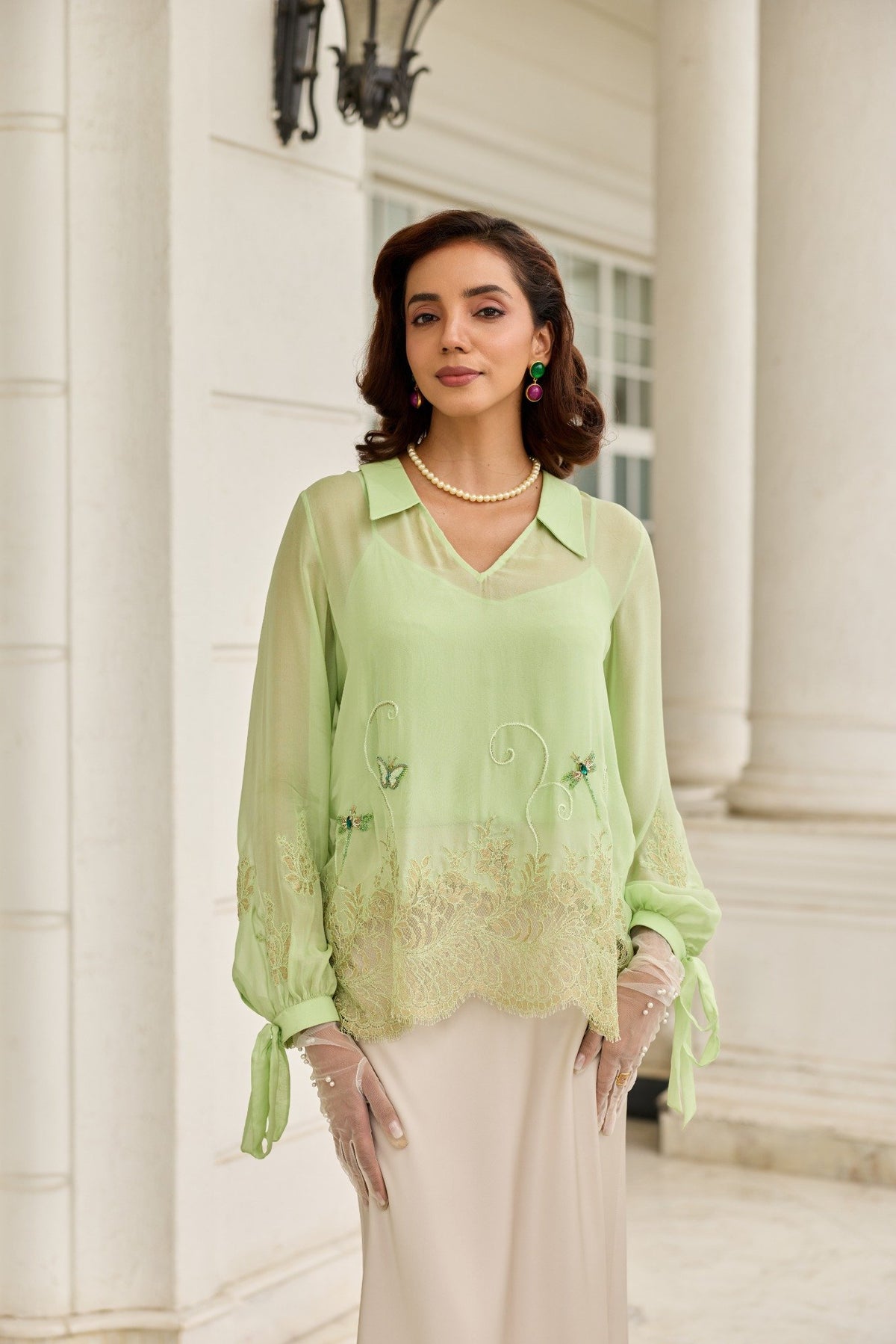 Dragonfly Hand Embroidered French Lace Flat Chiffon Top