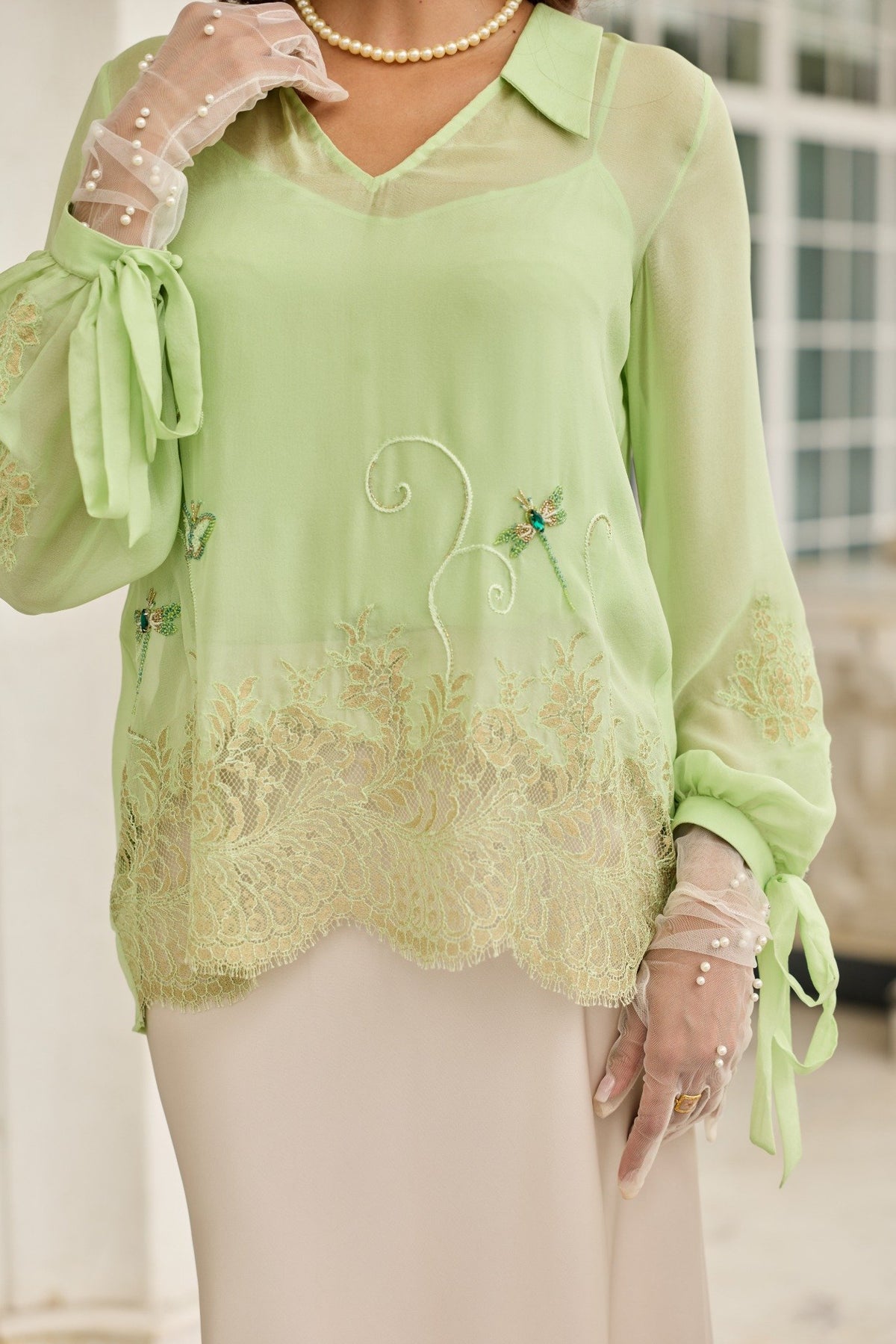 Dragonfly Hand Embroidered French Lace Flat Chiffon Top
