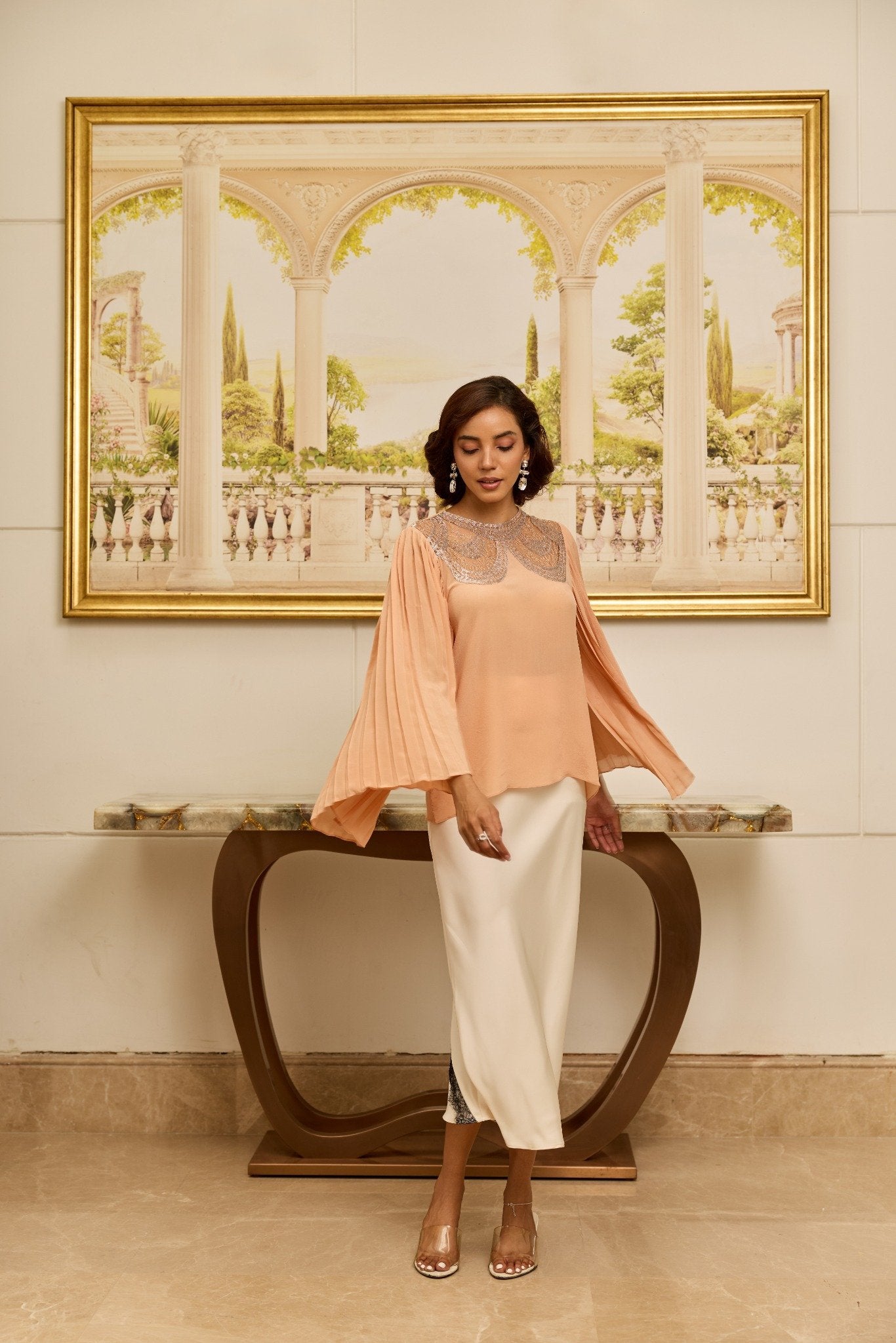 Grace Salmon French Lace Crepe Top