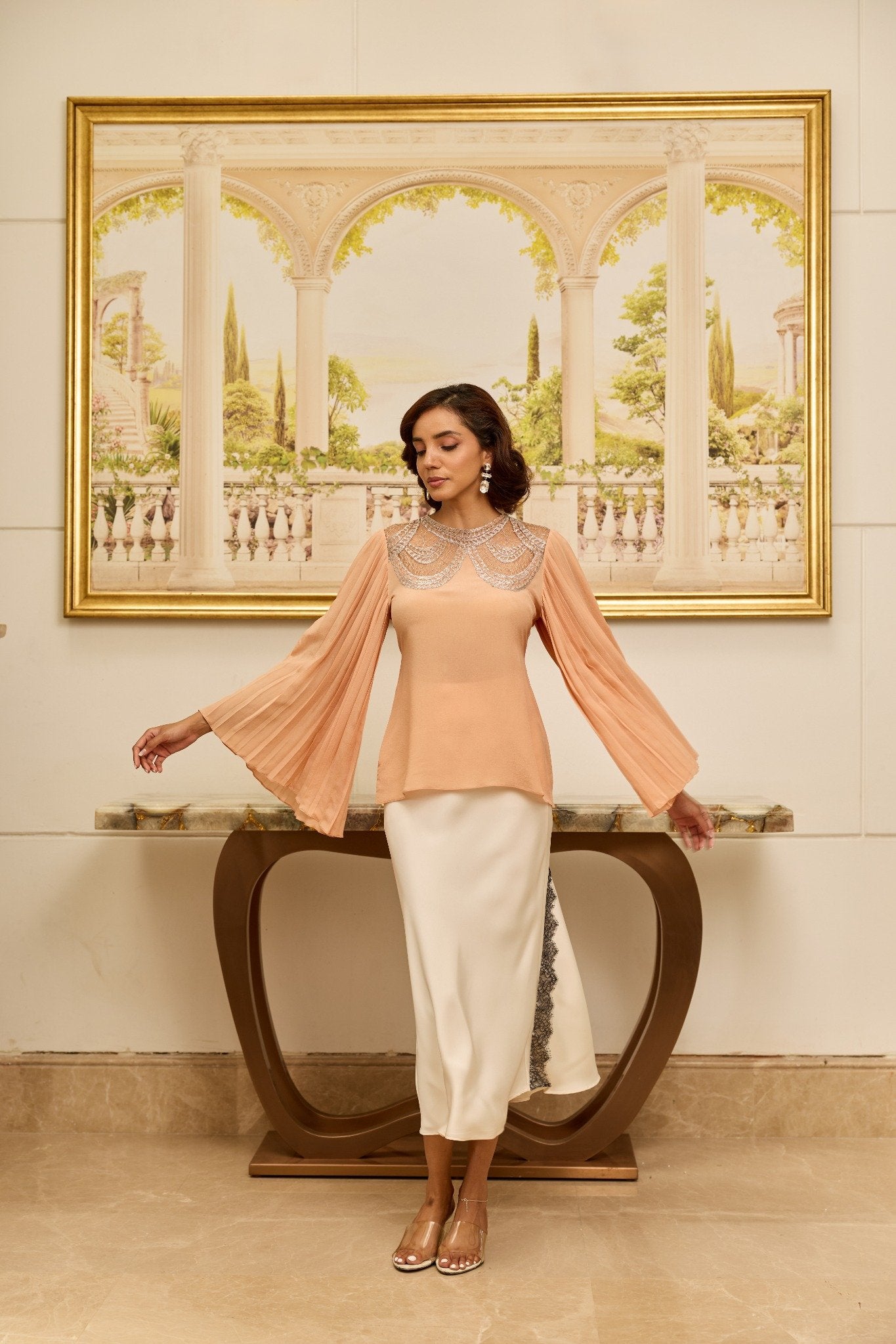 Grace Salmon French Lace Crepe Top