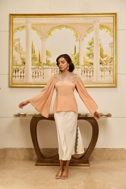 Grace Salmon French Lace Crepe Top