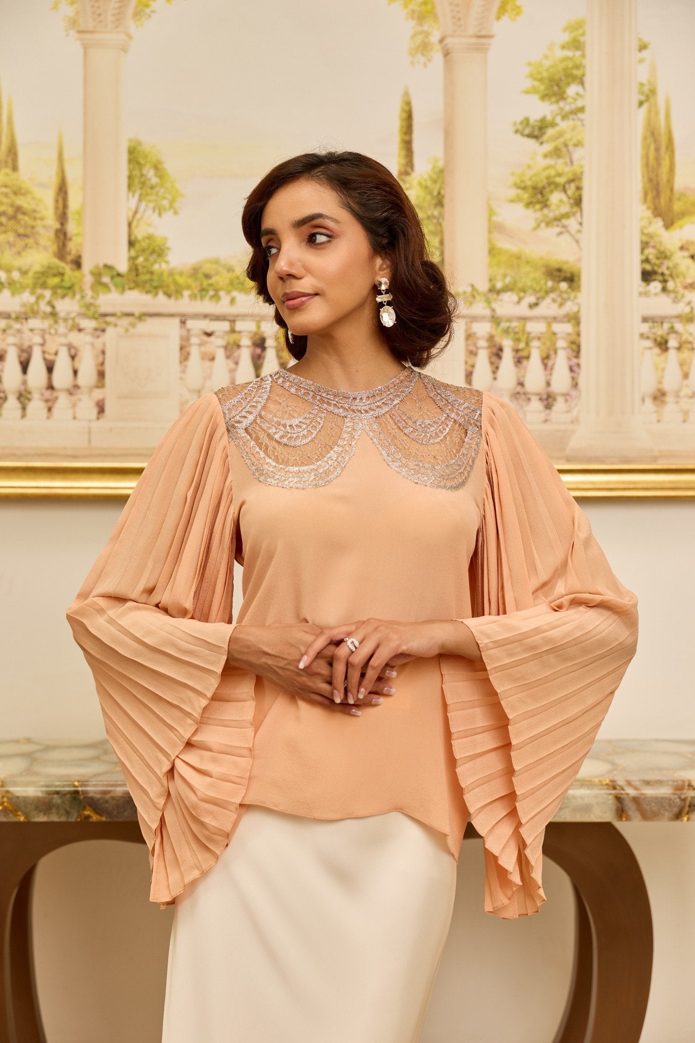 Grace Salmon French Lace Crepe Top