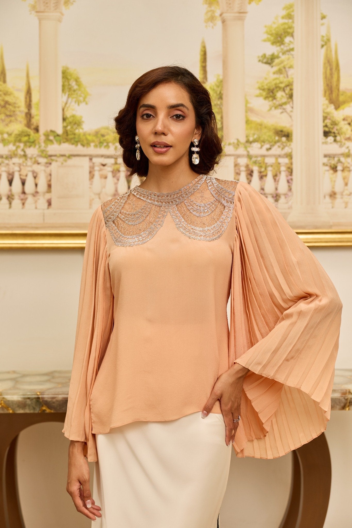 Grace Salmon French Lace Crepe Top