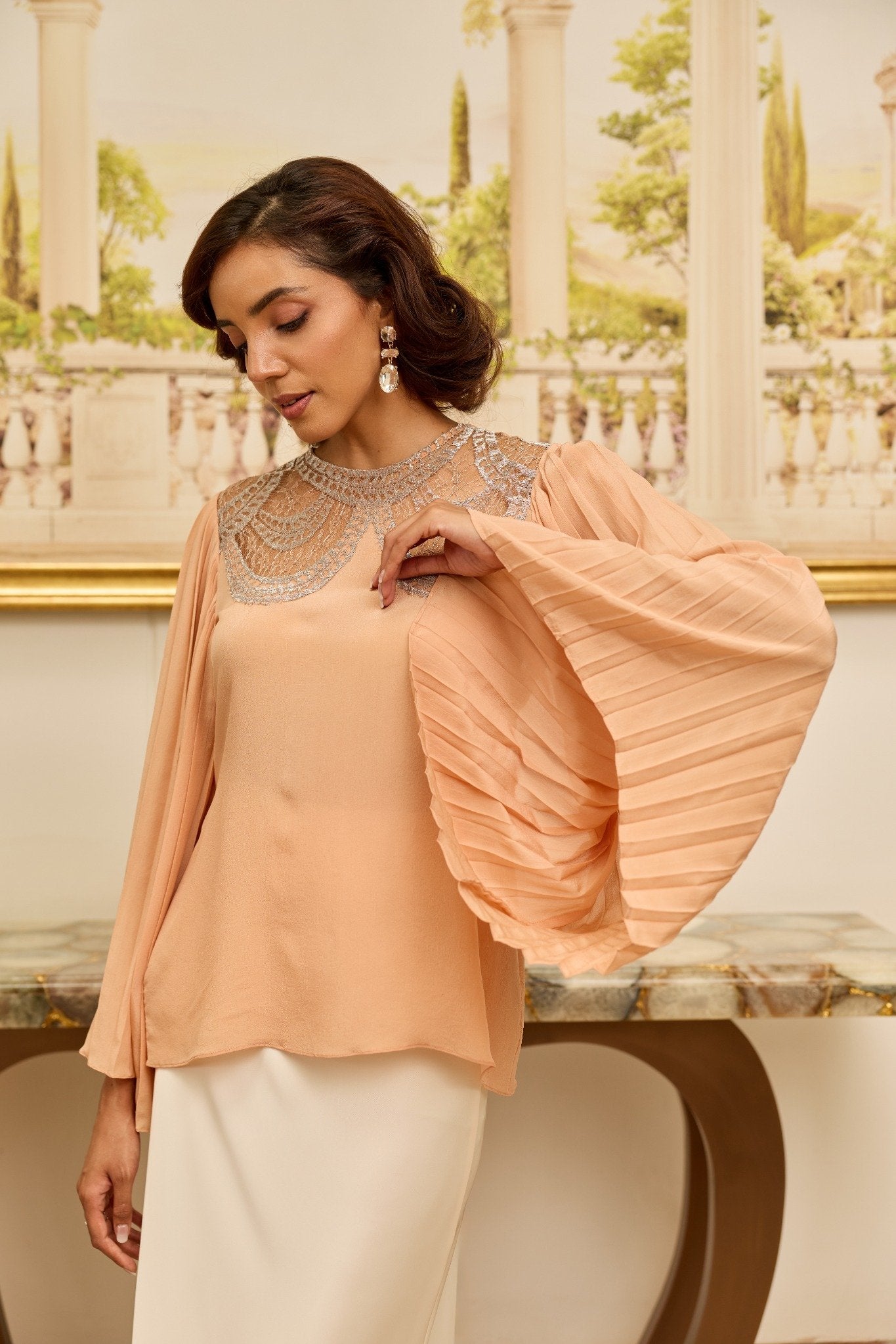 Grace Salmon French Lace Crepe Top