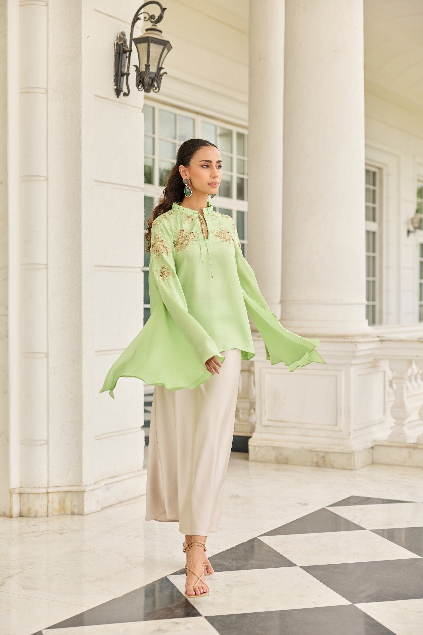 Verdant Hand Patched French Lace Twill Silk Top