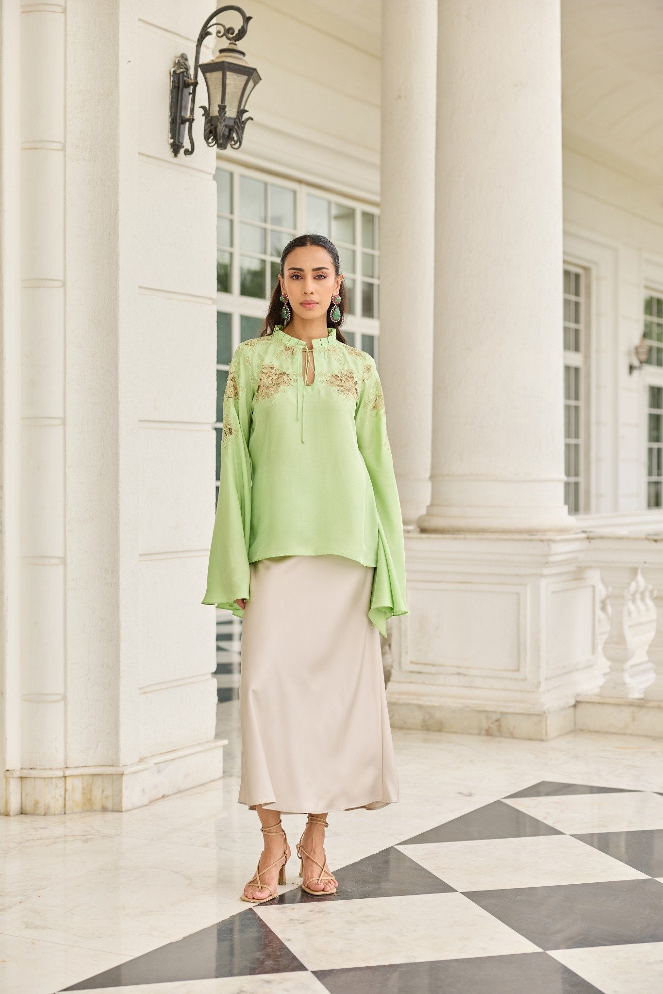 Verdant Hand Patched French Lace Twill Silk Top