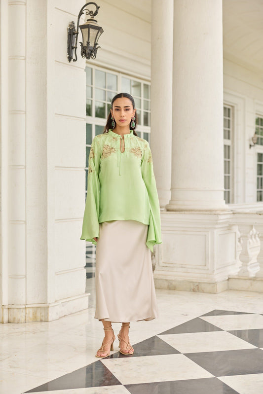 Verdant Hand Patched French Lace Twill Silk Top