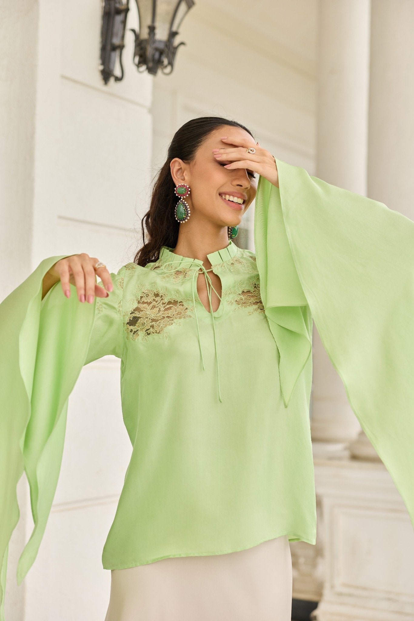 Verdant Hand Patched French Lace Twill Silk Top