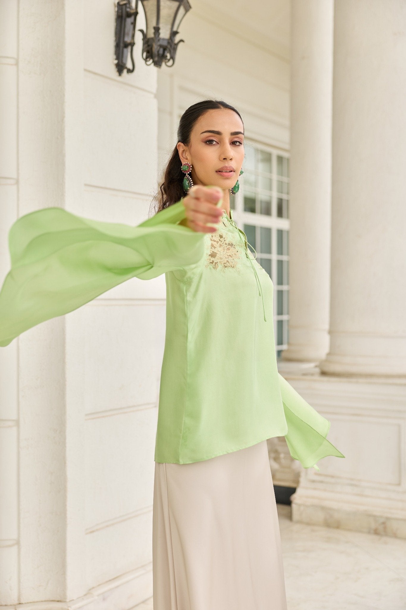 Verdant Hand Patched French Lace Twill Silk Top