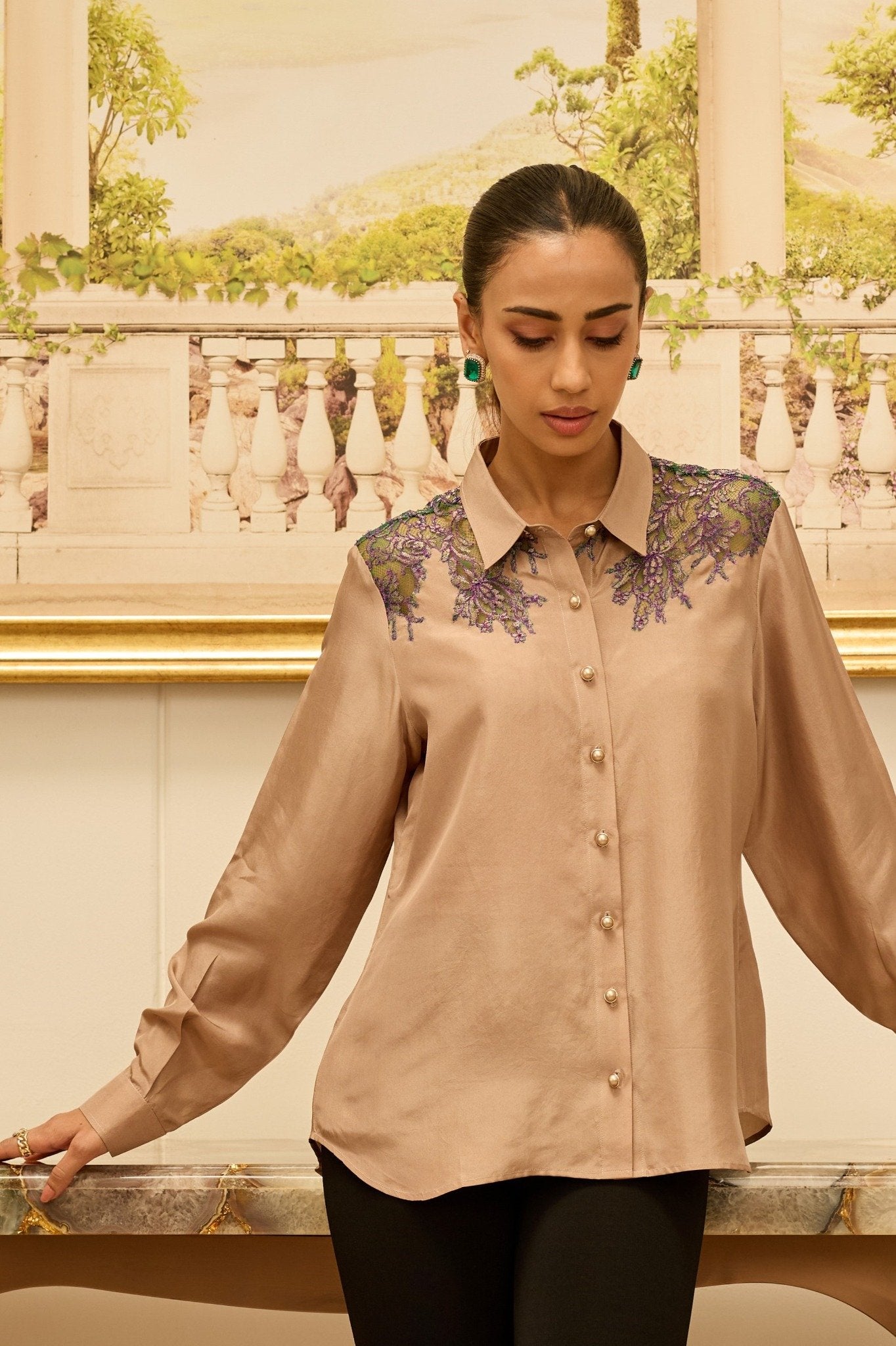 Love-Worn Gold Fondant French Lace Habotai Silk Shirt