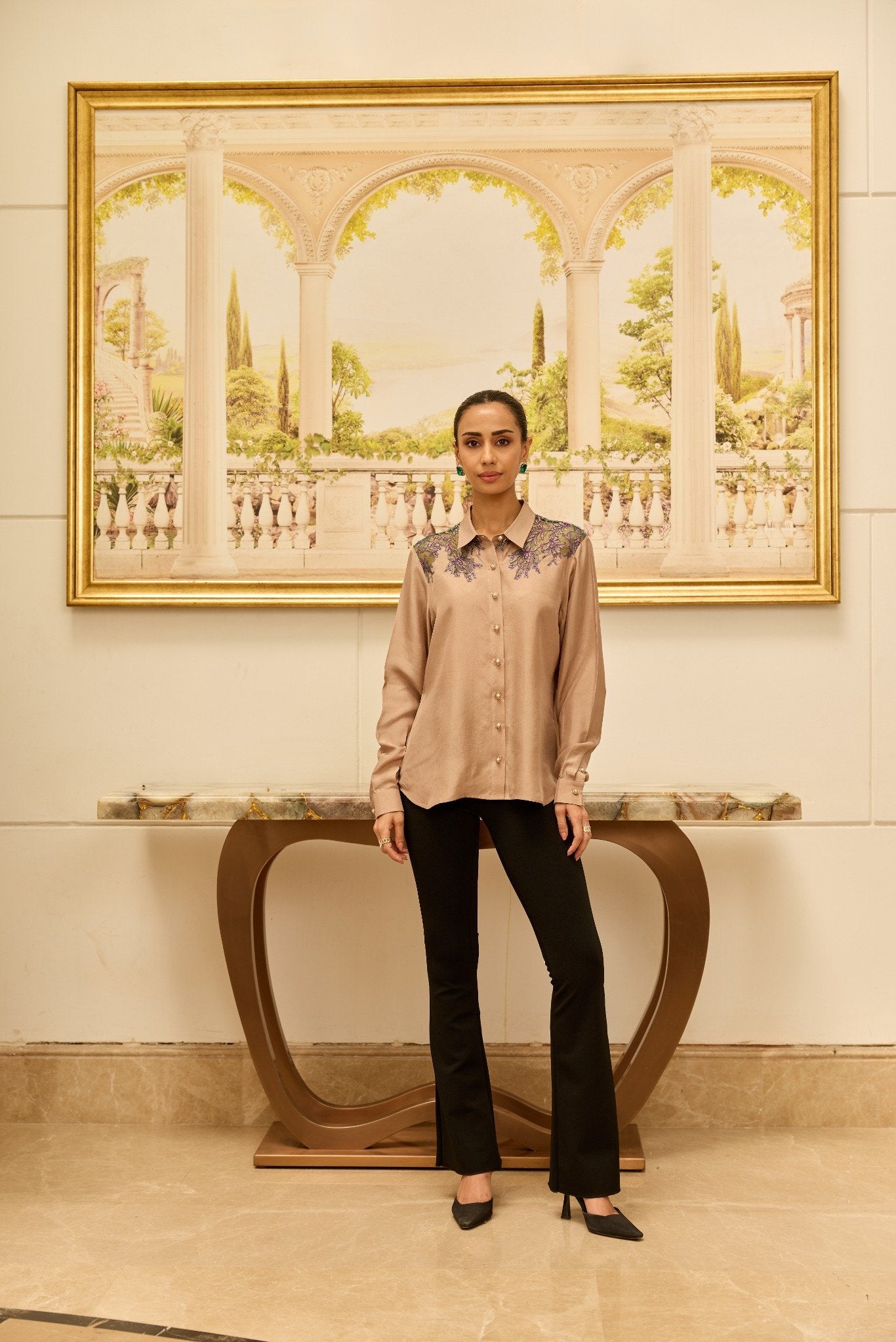 Love-Worn Gold Fondant French Lace Habotai Silk Shirt