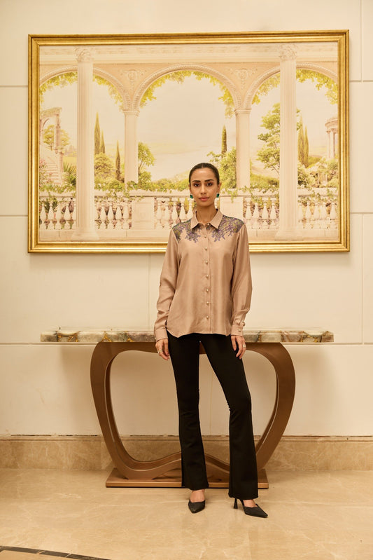 Love-Worn Gold Fondant French Lace Habotai Silk Shirt