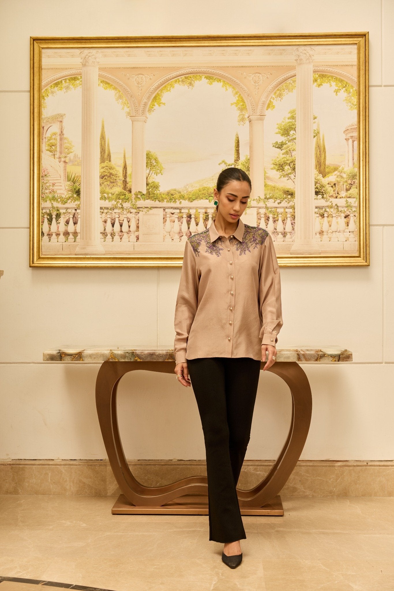 Love-Worn Gold Fondant French Lace Habotai Silk Shirt