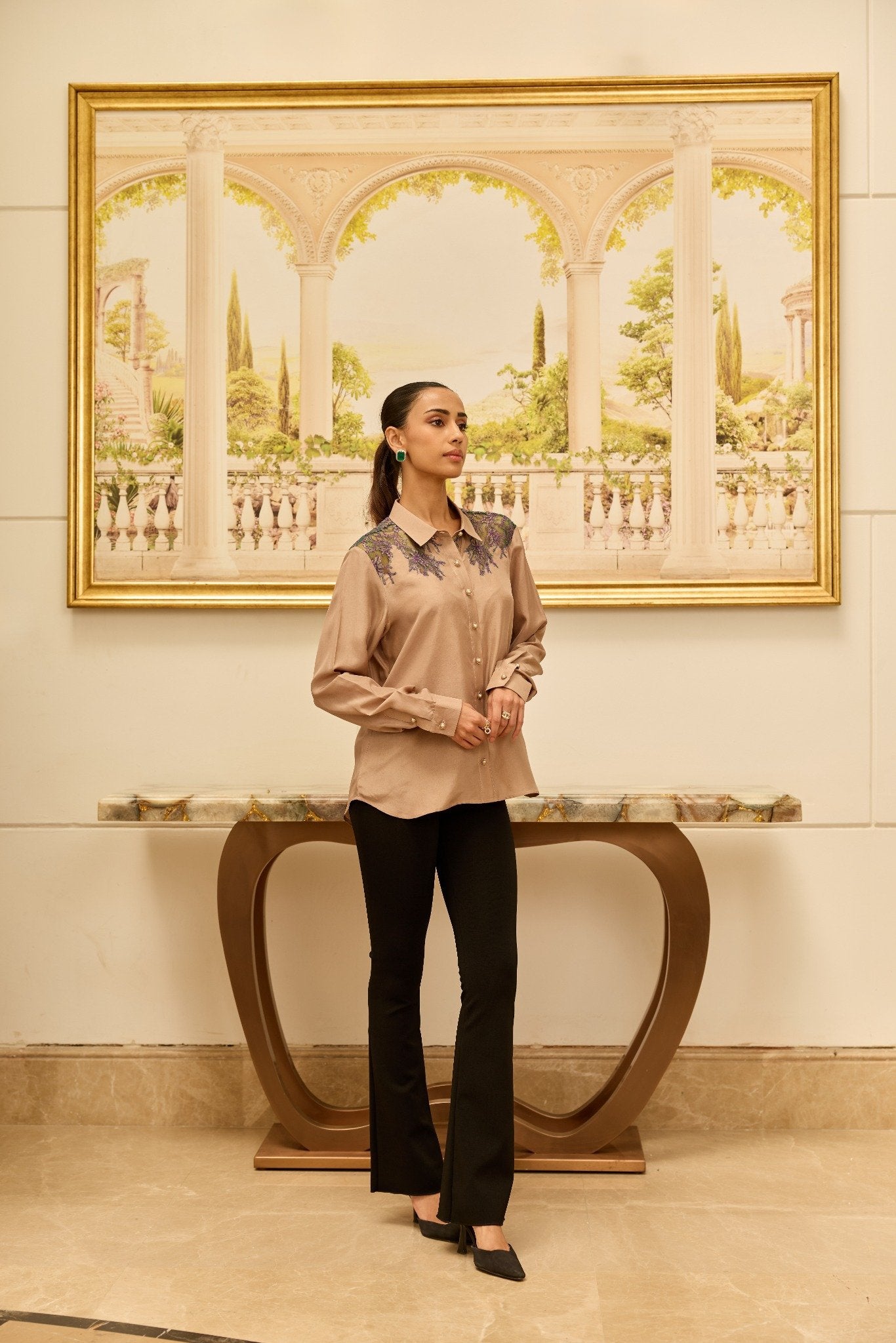 Love-Worn Gold Fondant French Lace Habotai Silk Shirt