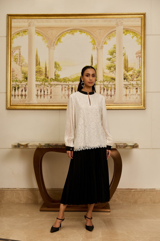 Celestia White French Lace Chiffon Blouse