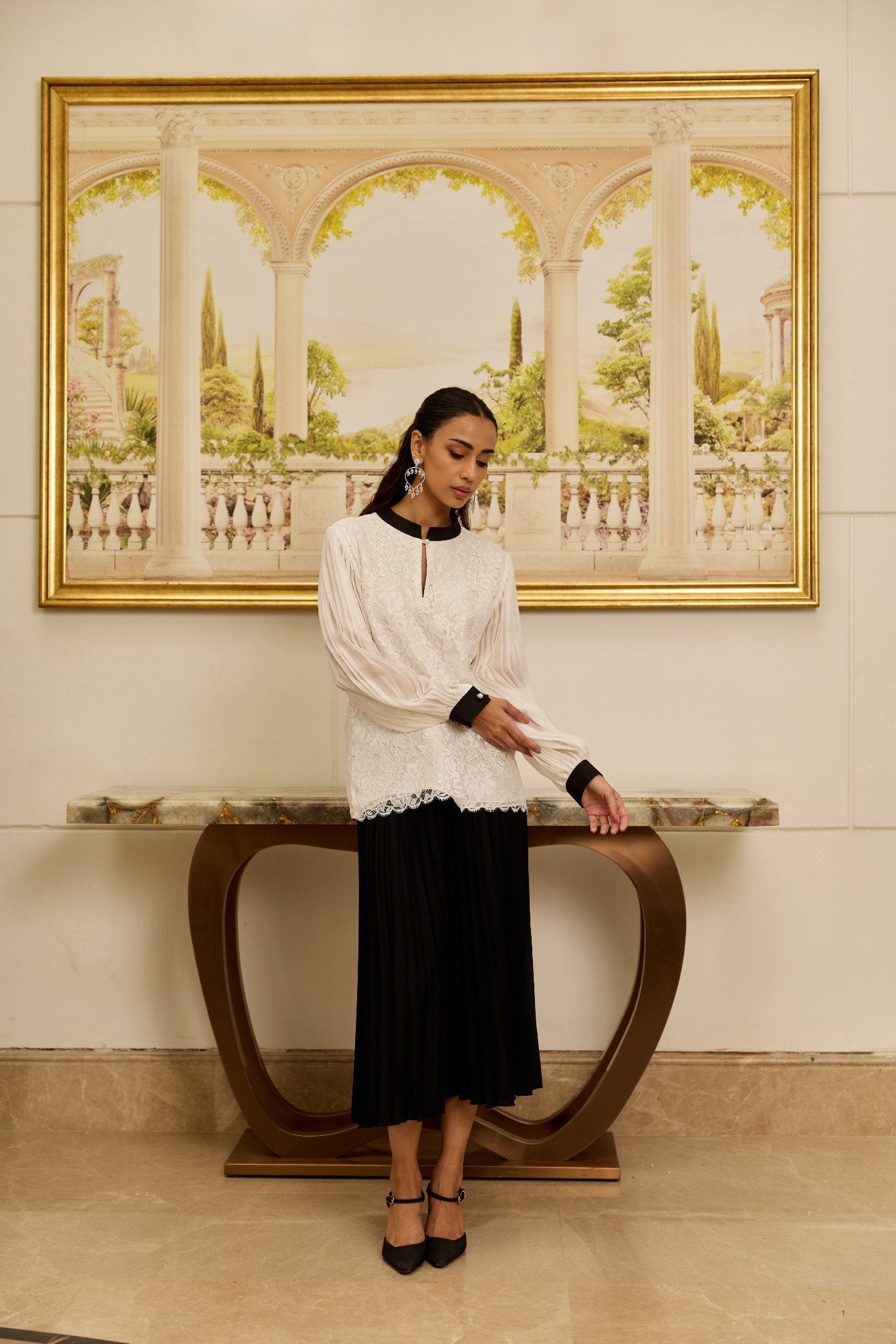 Celestia White French Lace Chiffon Blouse