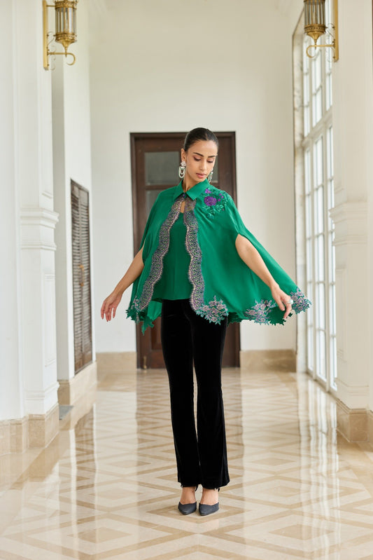 Veloura Hand Embroidered French Lace Crepe Silk Cape