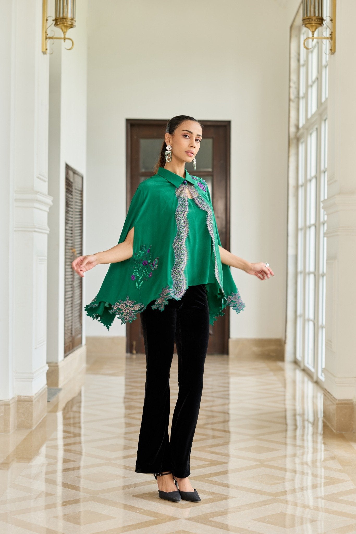 Veloura Hand Embroidered French Lace Crepe Silk Cape