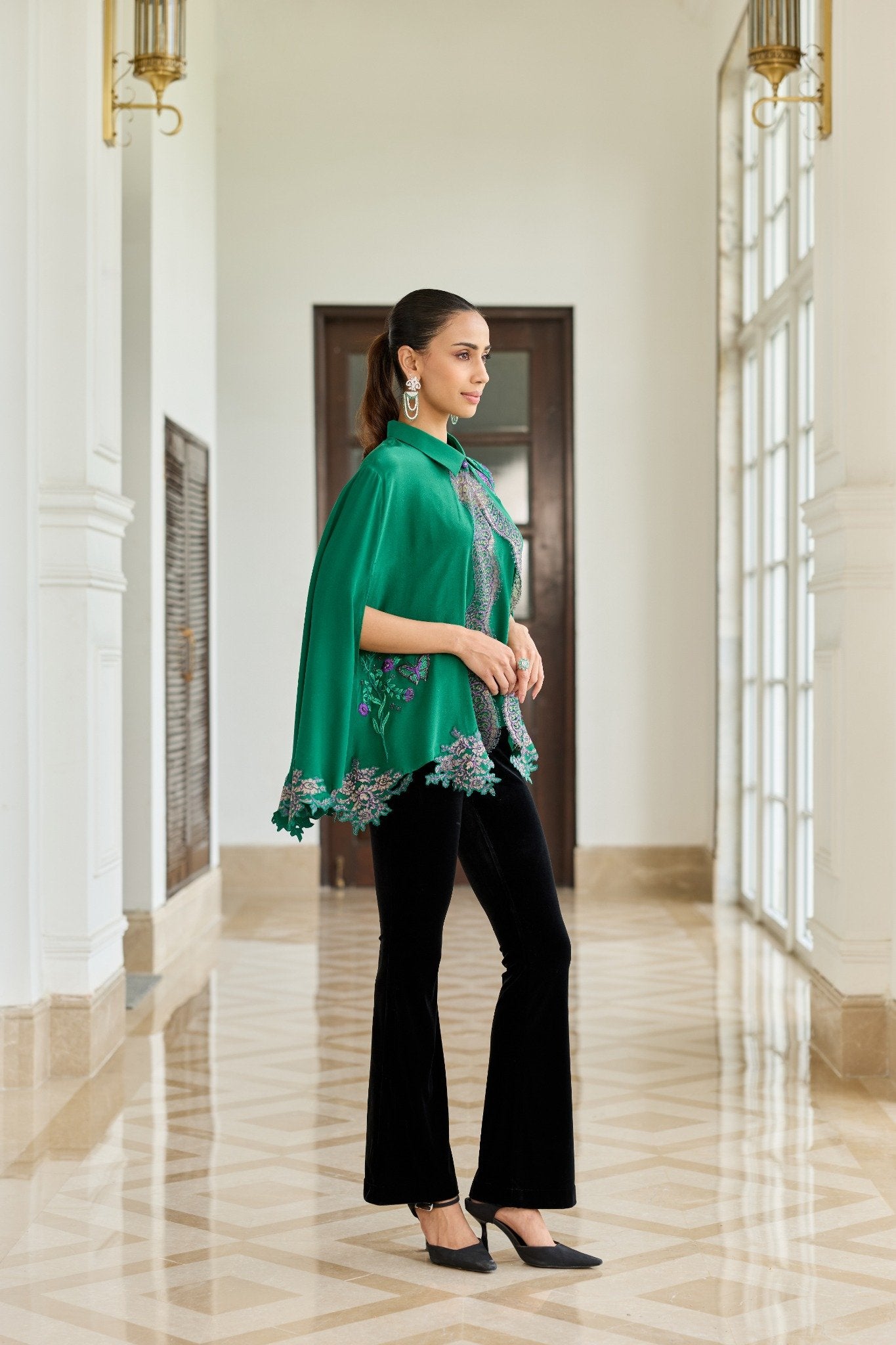 Veloura Hand Embroidered French Lace Crepe Silk Cape