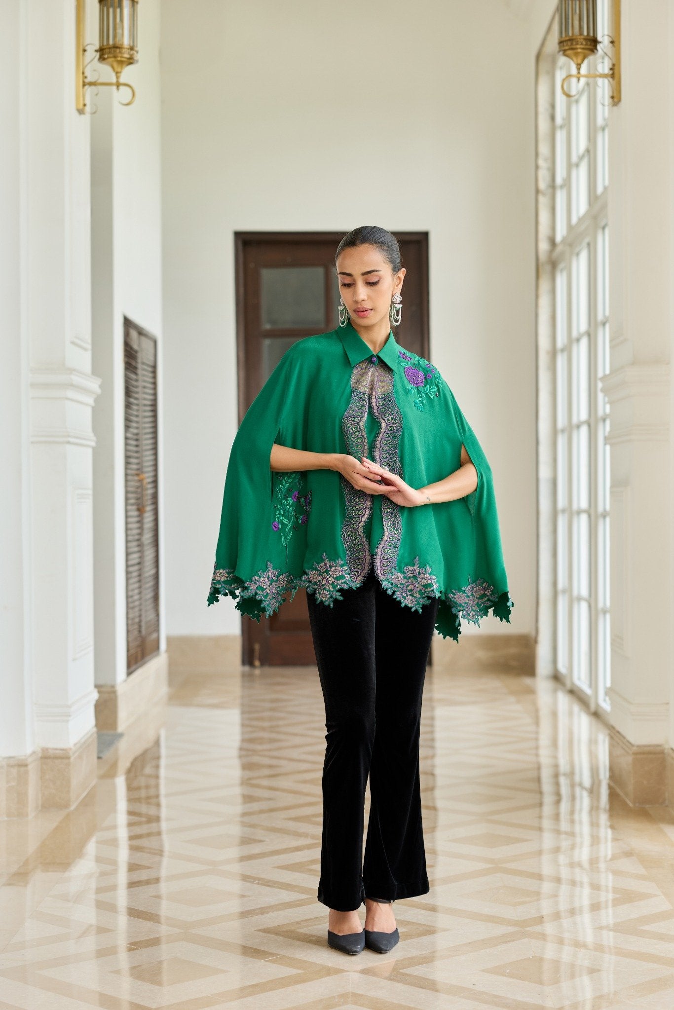 Veloura Hand Embroidered French Lace Crepe Silk Cape