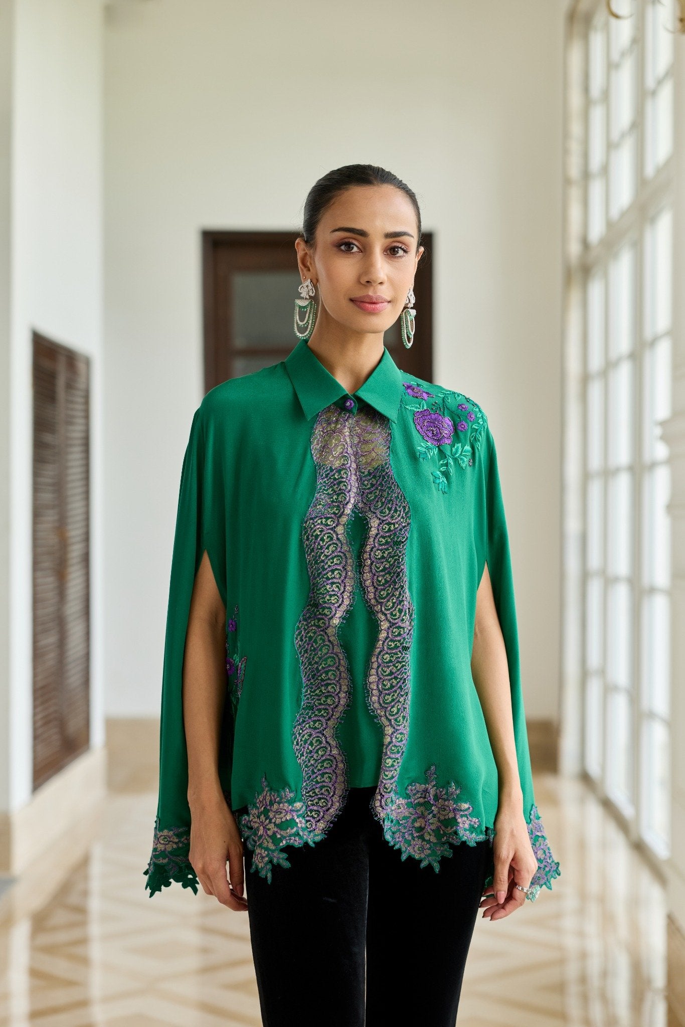 Veloura Hand Embroidered French Lace Crepe Silk Cape