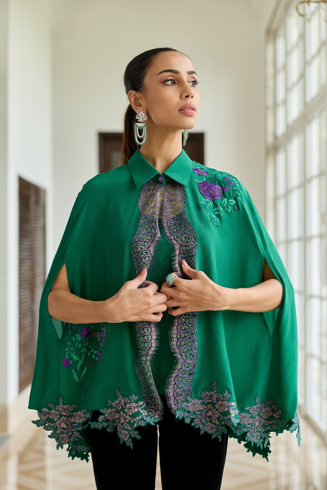 Veloura Hand Embroidered French Lace Crepe Silk Cape