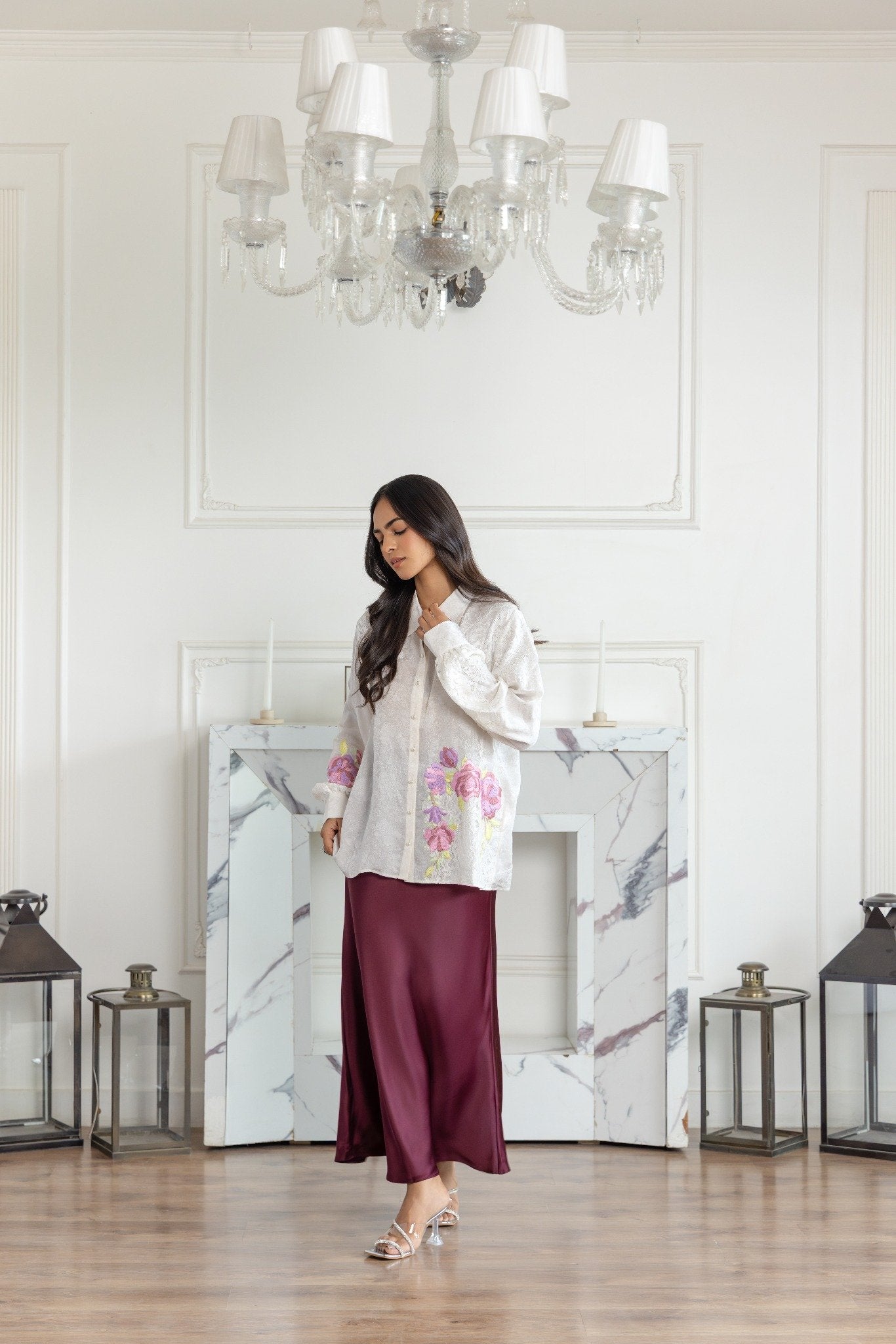 Elysia Ivory Parsi Hand embroidered French Lace Jacquard Crepe Shirt