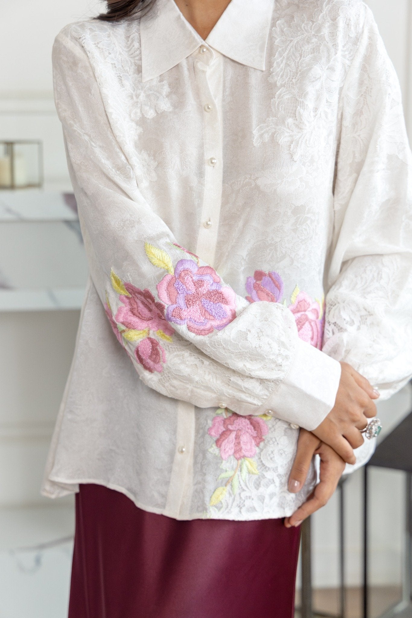 Elysia Ivory Parsi Hand embroidered French Lace Jacquard Crepe Shirt