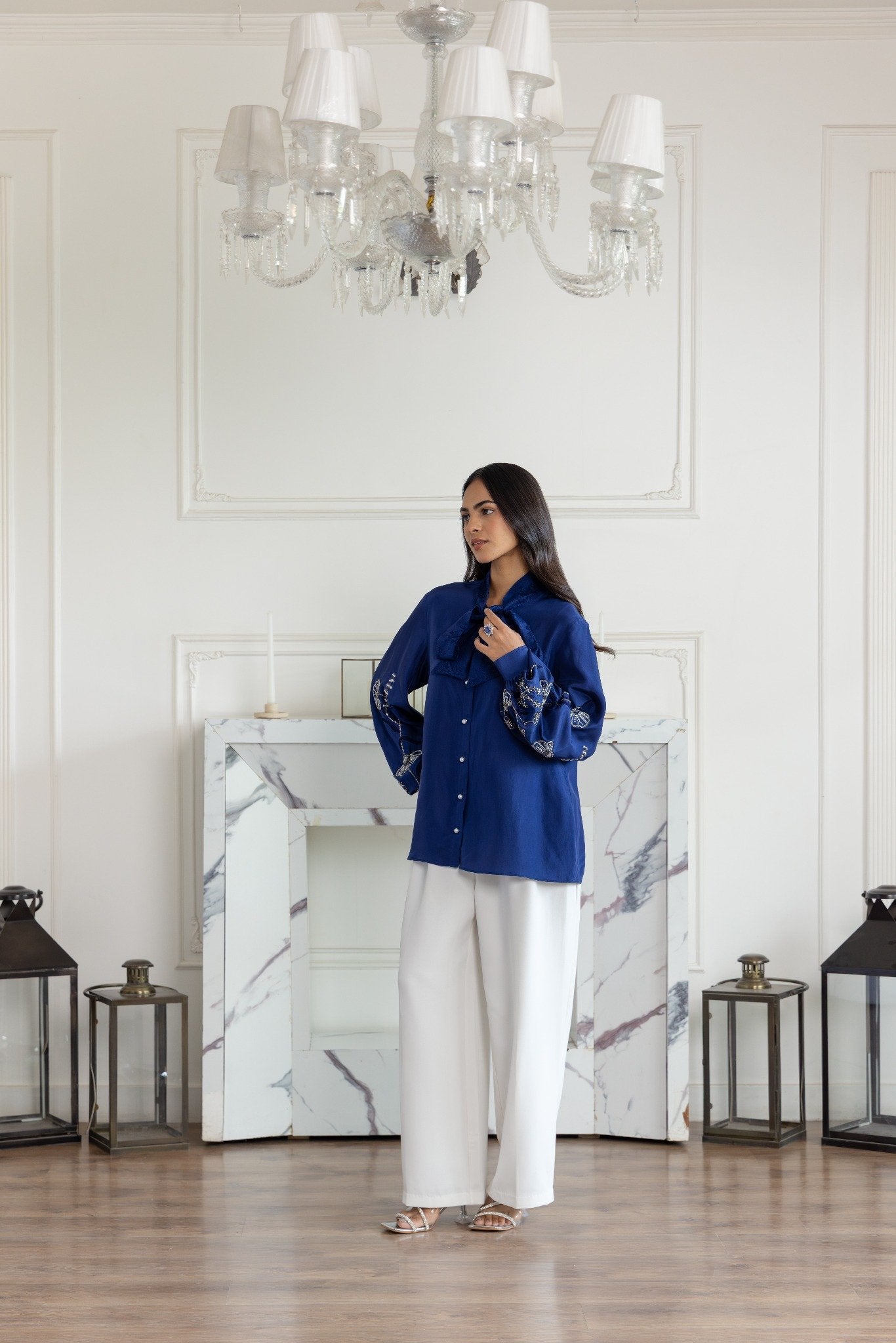 Amariel Navy Blue Hand embroidered French Lace Bow Habotai Silk Shirt