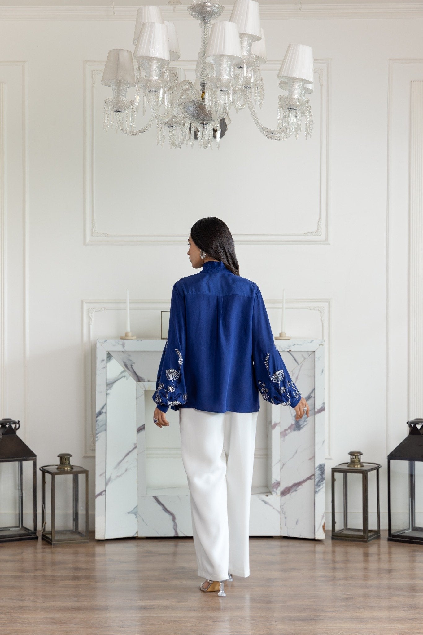 Amariel Navy Blue Hand embroidered French Lace Bow Habotai Silk Shirt