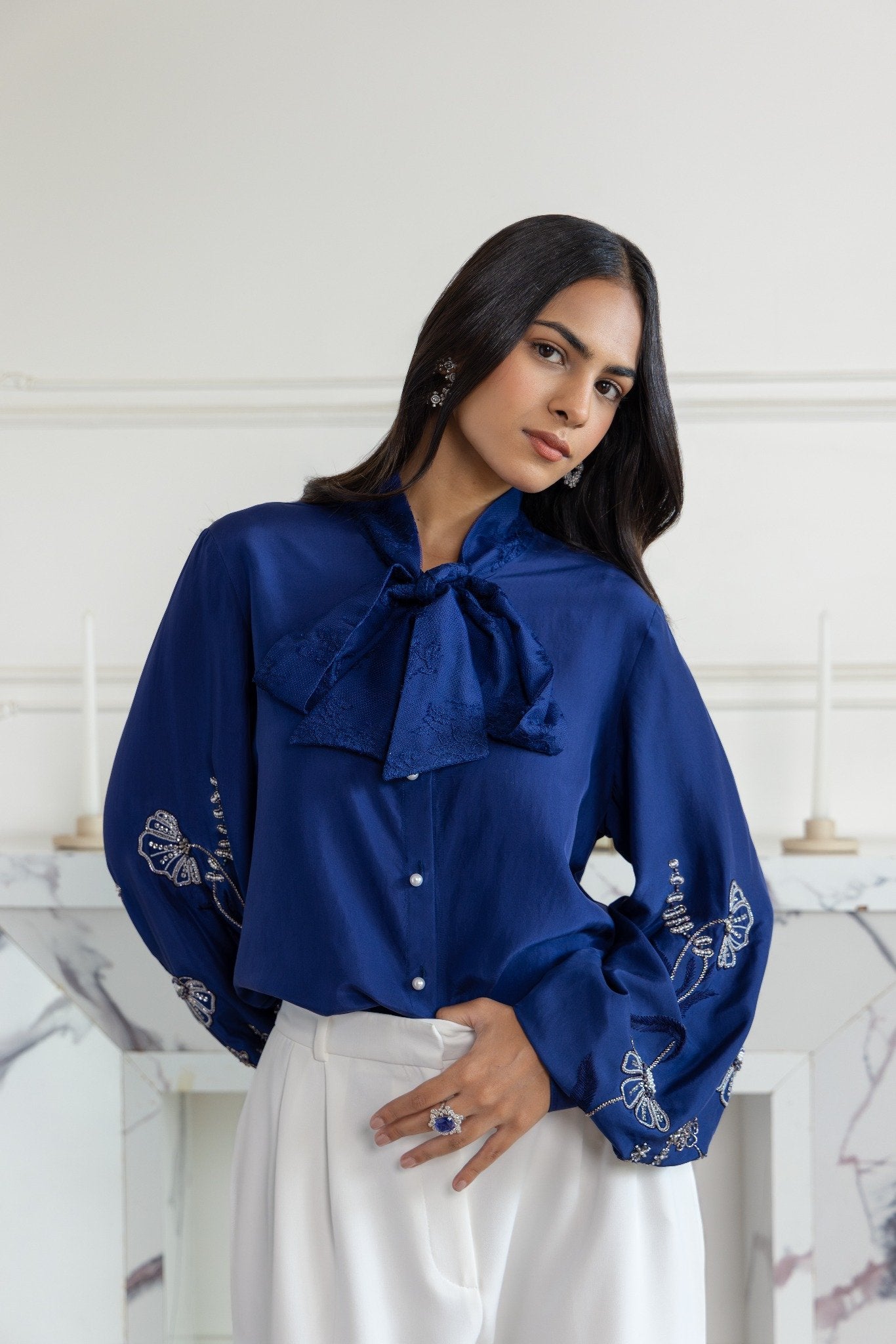 Amariel Navy Blue Hand embroidered French Lace Bow Habotai Silk Shirt