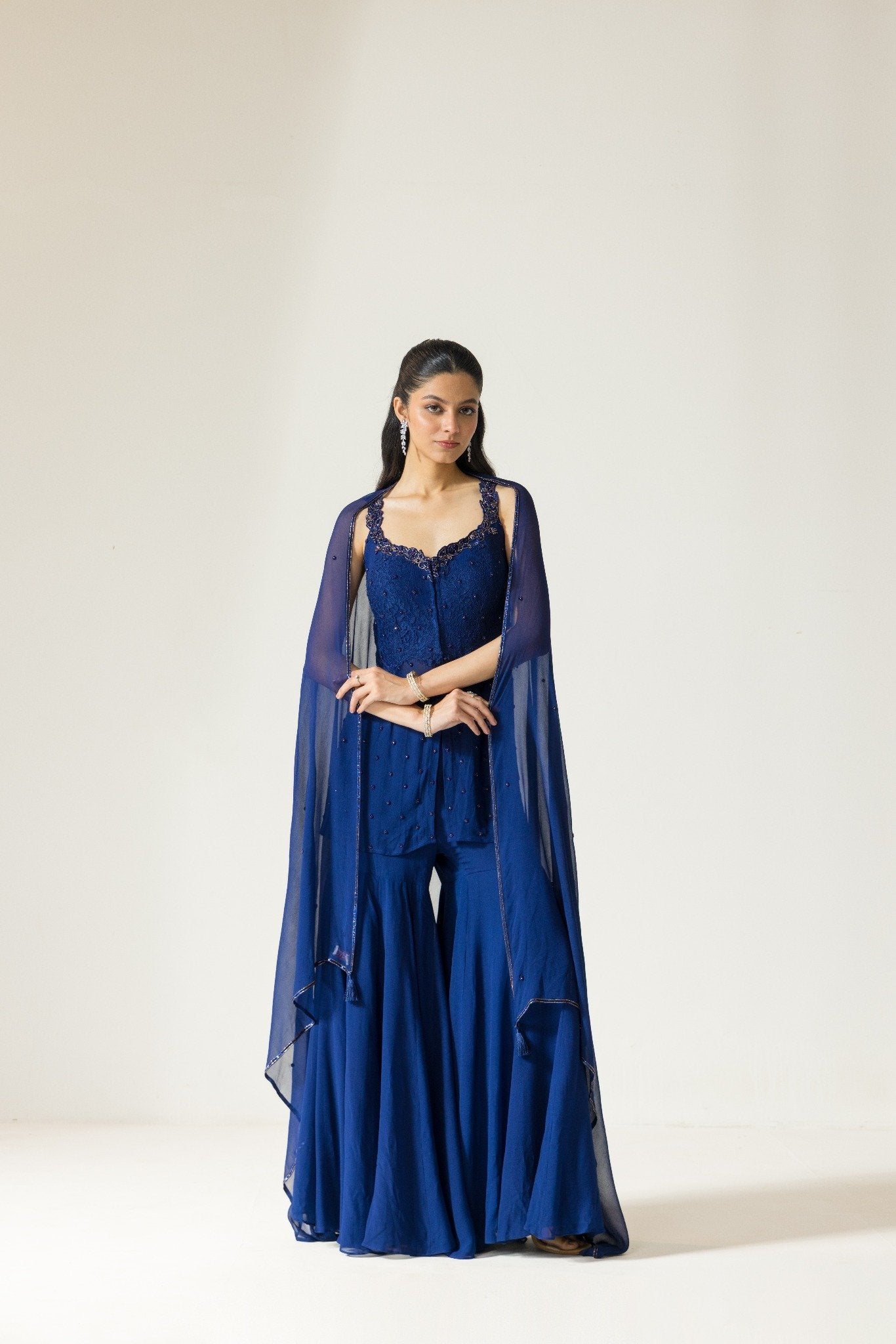 Sapphire Petal Hand embroidered French Lace Georgette Sharara Set