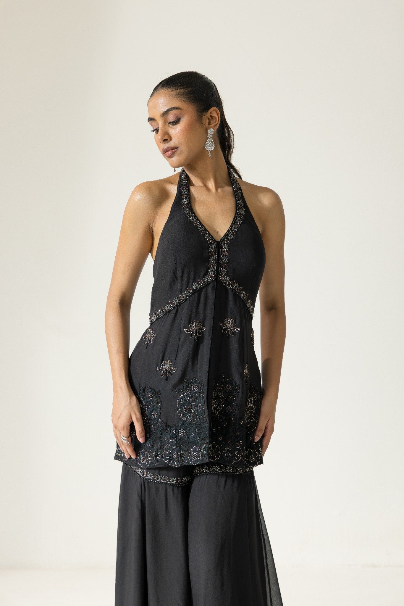 Hand embroidered French lace Chiffon Silk Sharara set