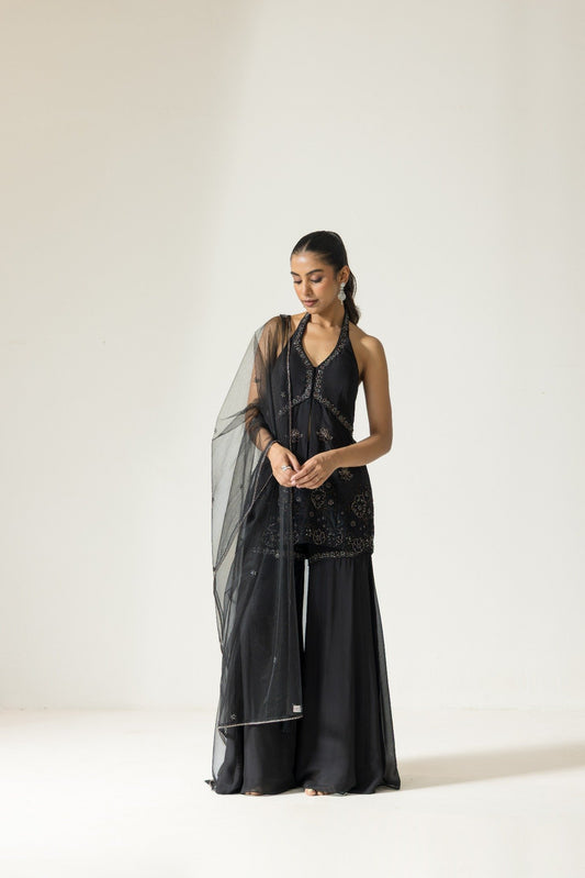Hand embroidered French lace Chiffon Silk Sharara set