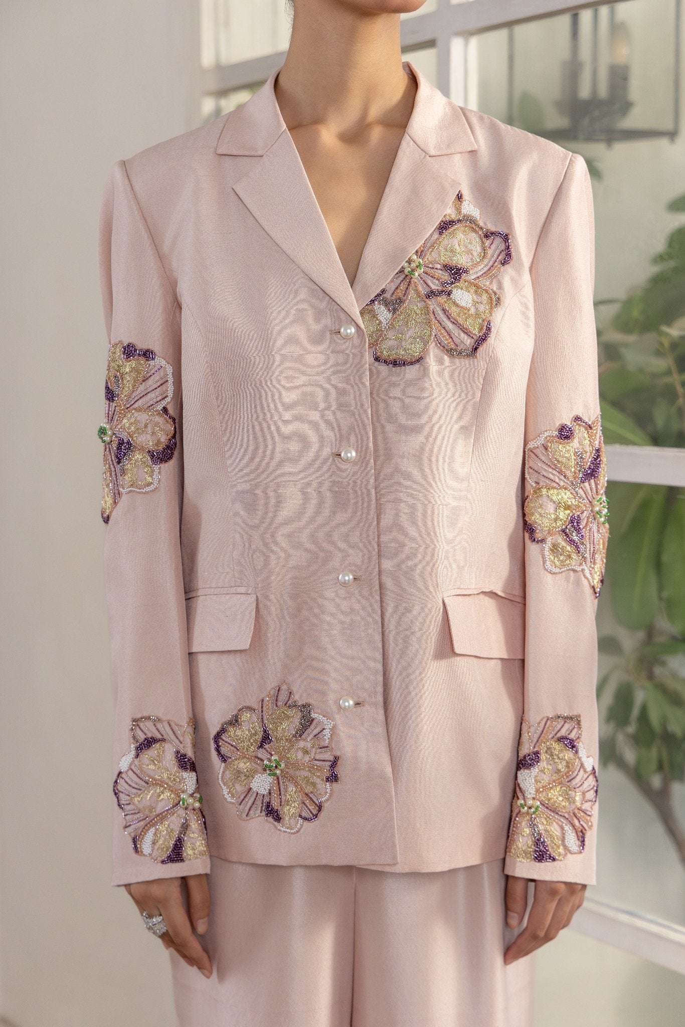 Dynastia Blush Pink Hand Embroided French Lace Dupion Silk Blazer Set