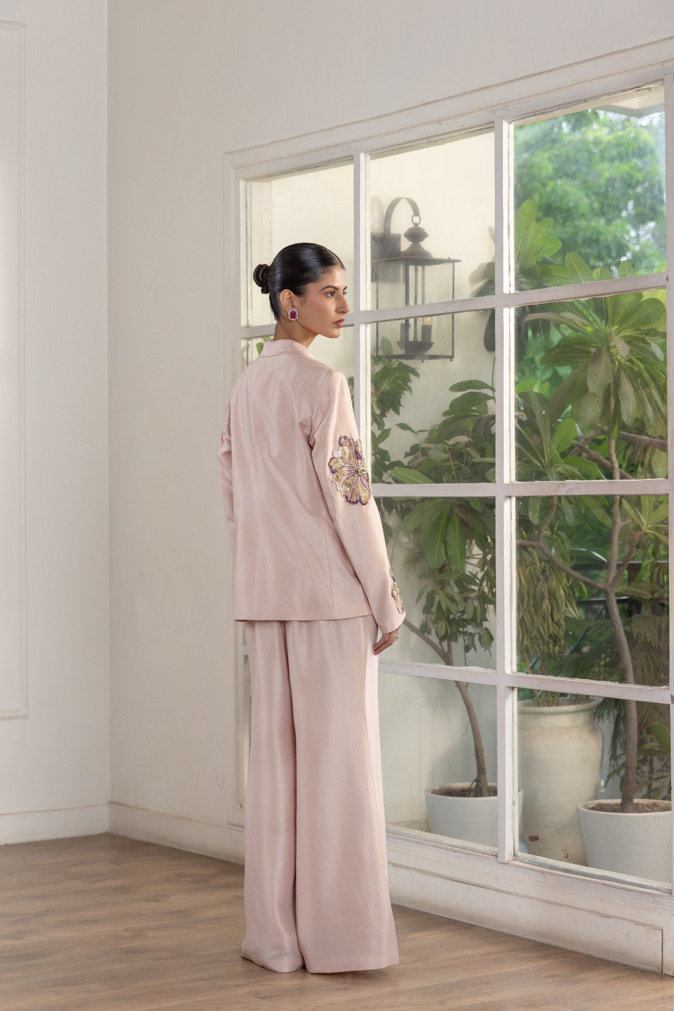 Dynastia Blush Pink Hand Embroided French Lace Dupion Silk Blazer Set