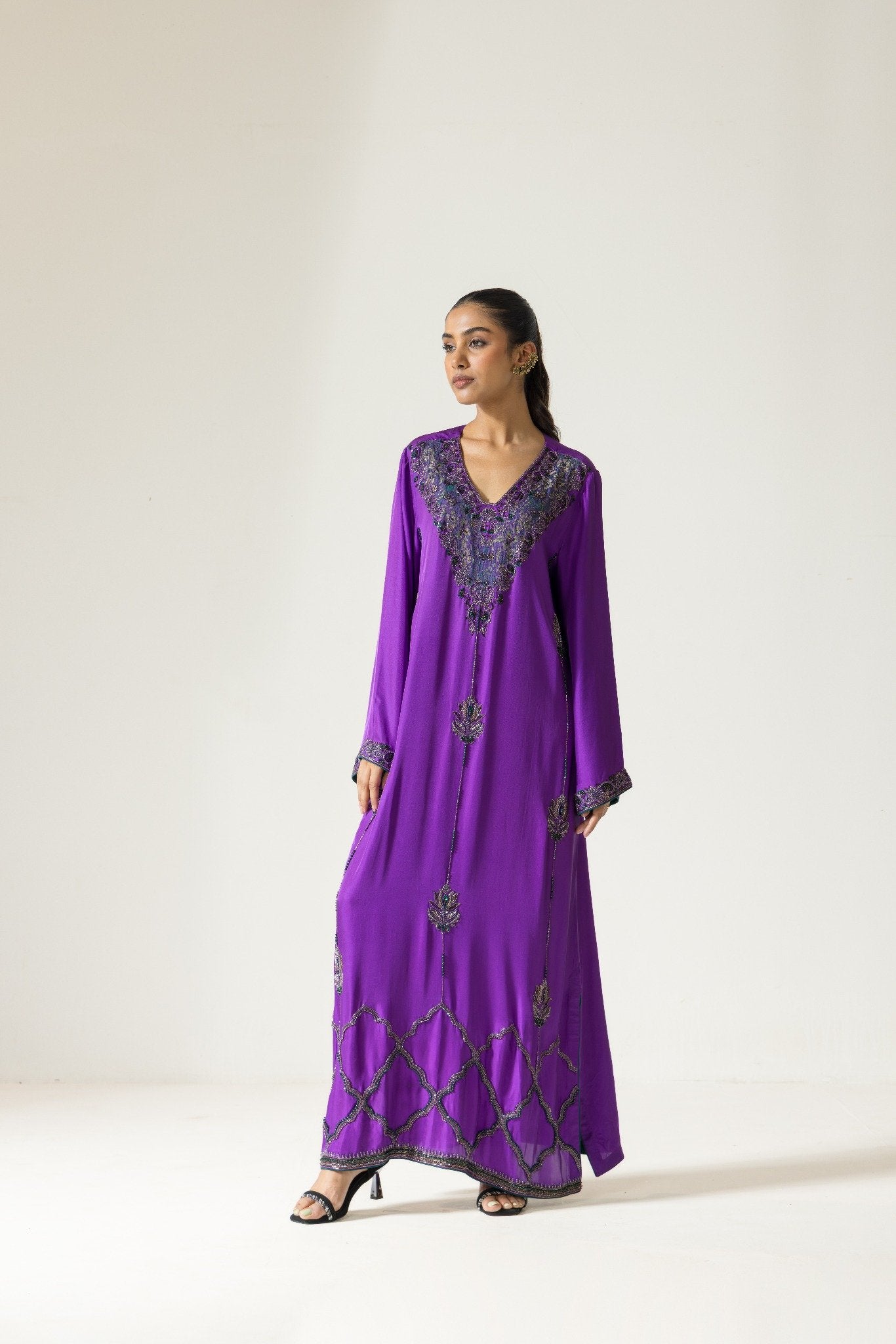 Orchid Hand Embroidered French lace Twill Silk Kaftaan